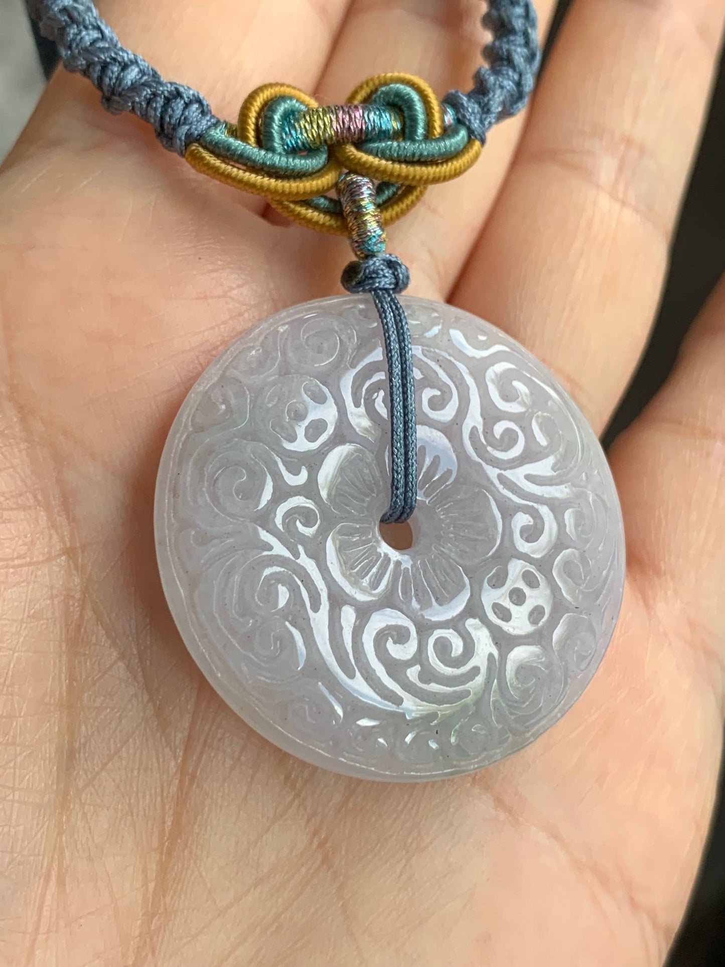 Large Natural Burmese Icy Light Purple Jadeite Retro Engraved Ping An Kou Donut Pendant Rope Necklace 26” Adjustable 天然缅甸冰糯淡紫翡翠平安扣吊坠项链 B