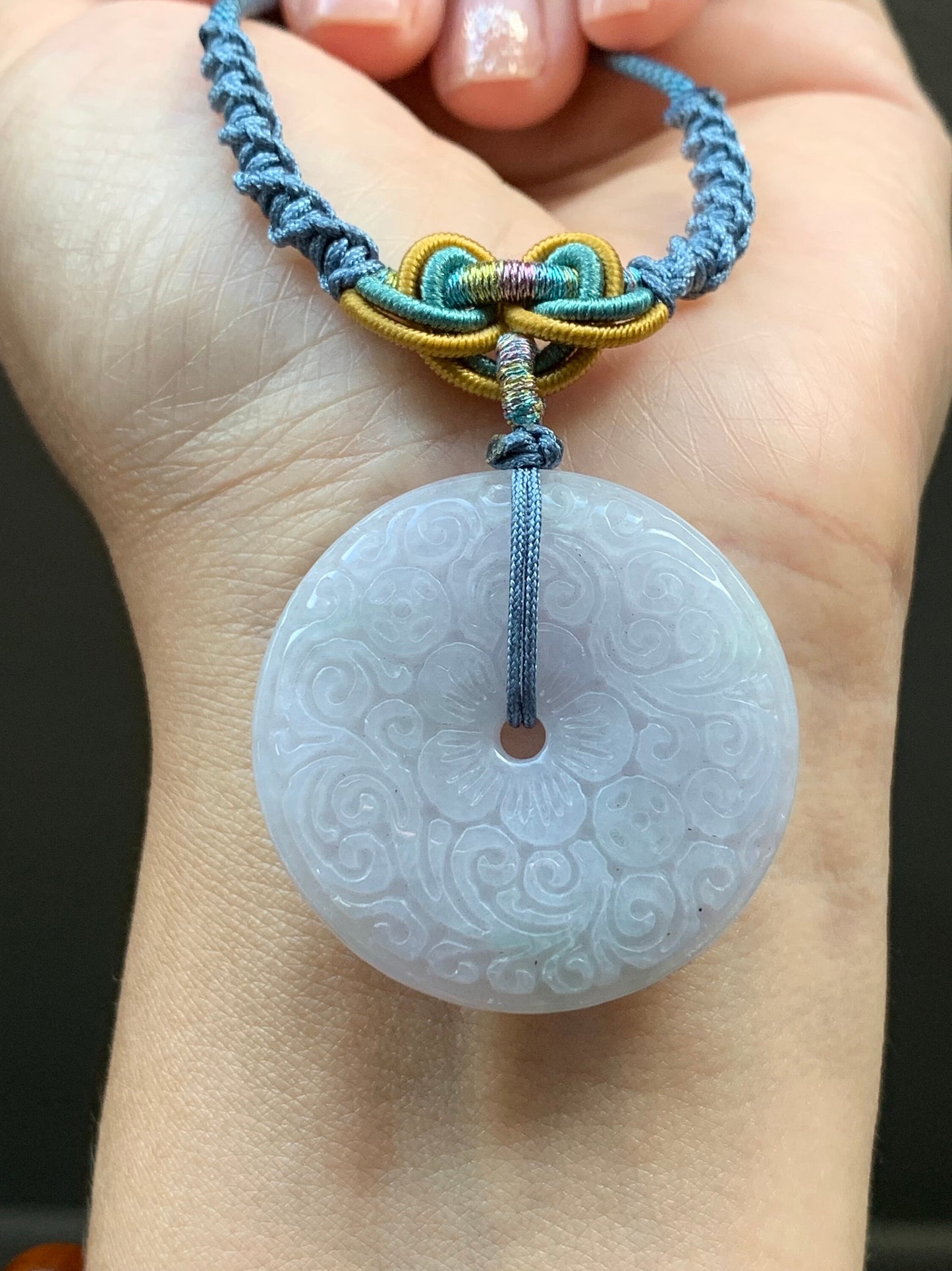 Large Natural Burmese Icy Light Purple Jadeite Retro Engraved Ping An Kou Donut Pendant Rope Necklace 26” Adjustable 天然缅甸冰糯淡紫翡翠平安扣吊坠项链 B