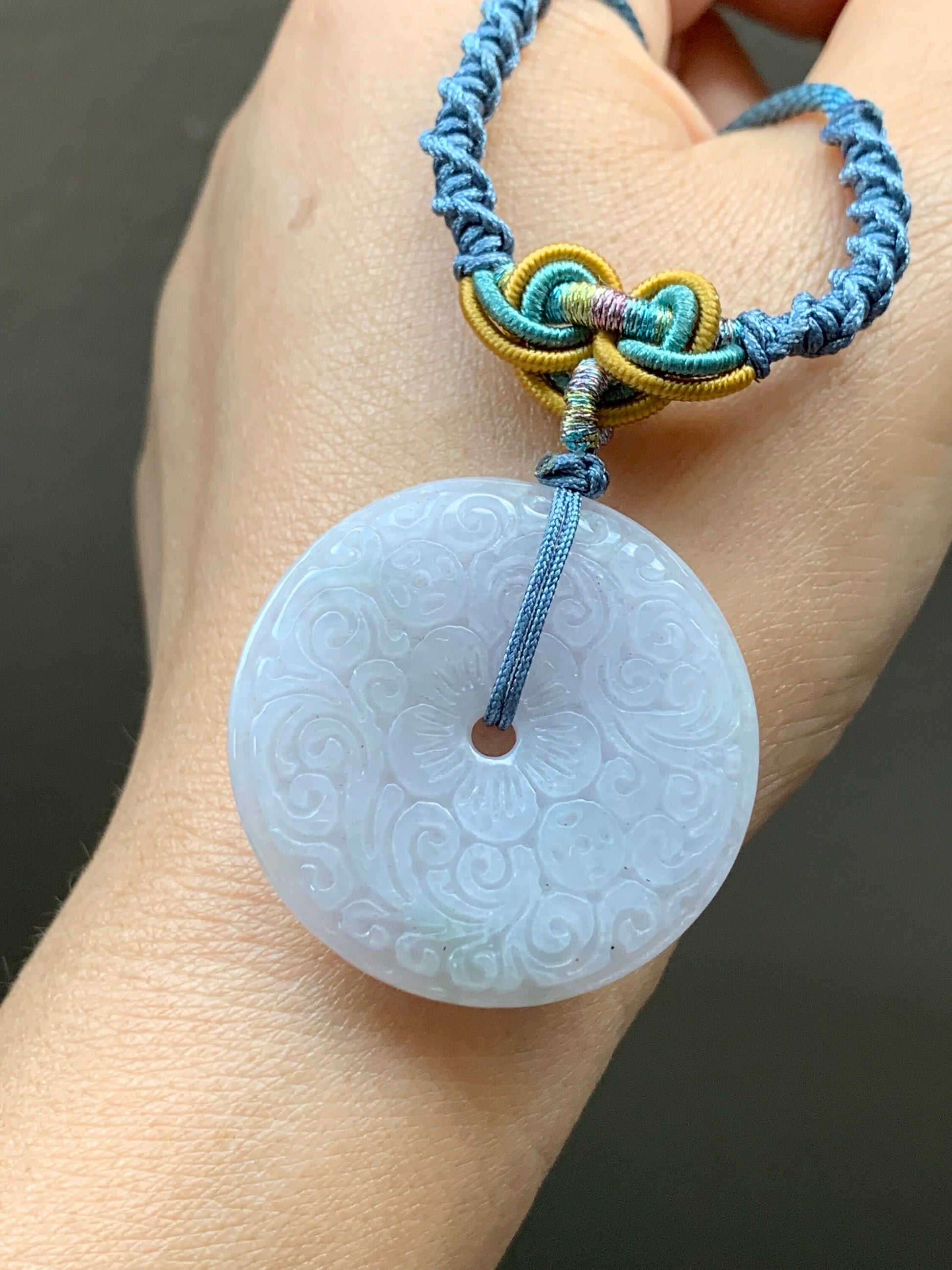 Large Natural Burmese Icy Light Purple Jadeite Retro Engraved Ping An Kou Donut Pendant Rope Necklace 26” Adjustable 天然缅甸冰糯淡紫翡翠平安扣吊坠项链 B