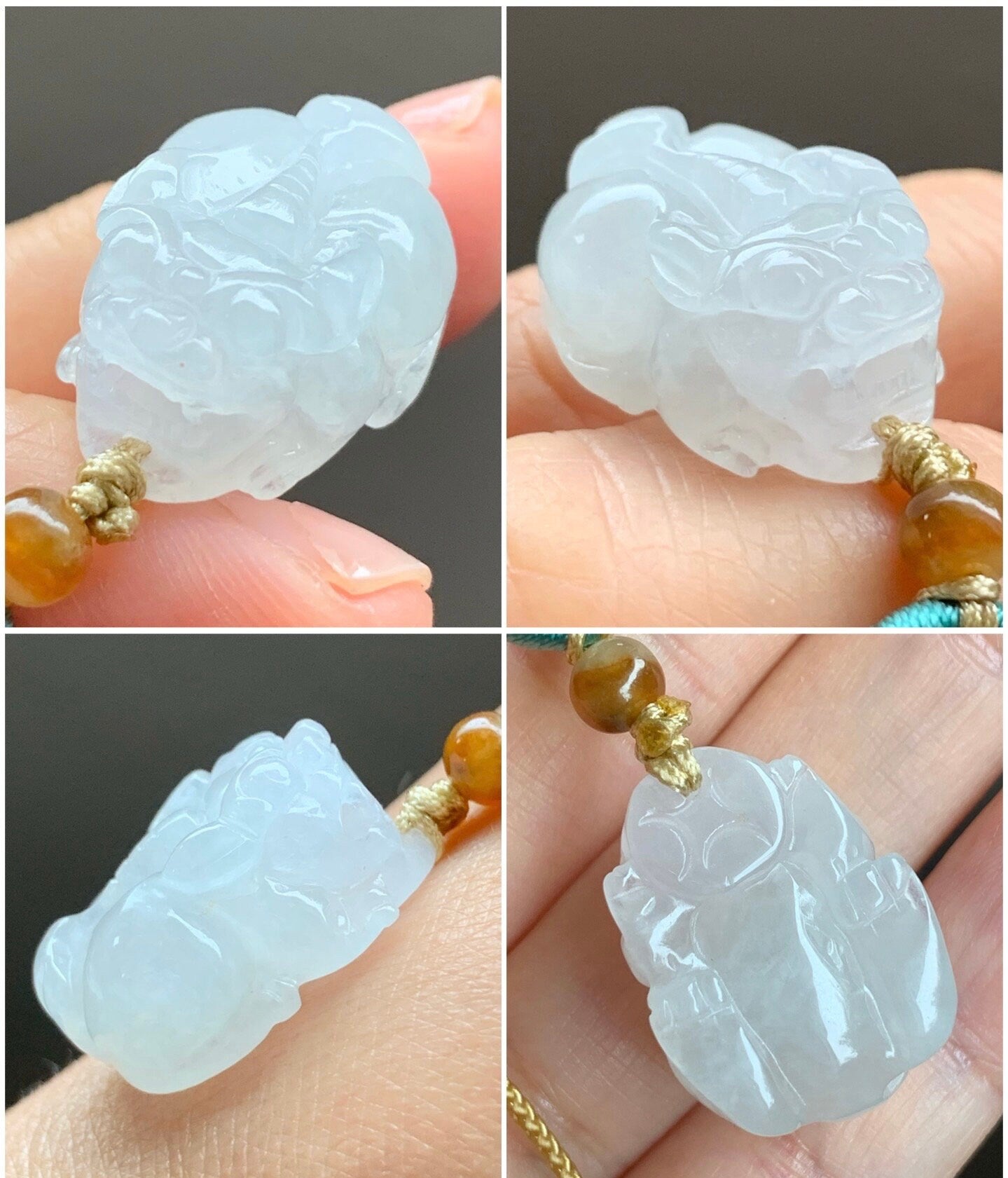 Natural Burmese Translucent & Gelatinous Icy White Jadeite Pixiu Pendant Rope Necklace 24" Adjustable 天然缅甸白冰胶翡翠貔貅吊坠项链
