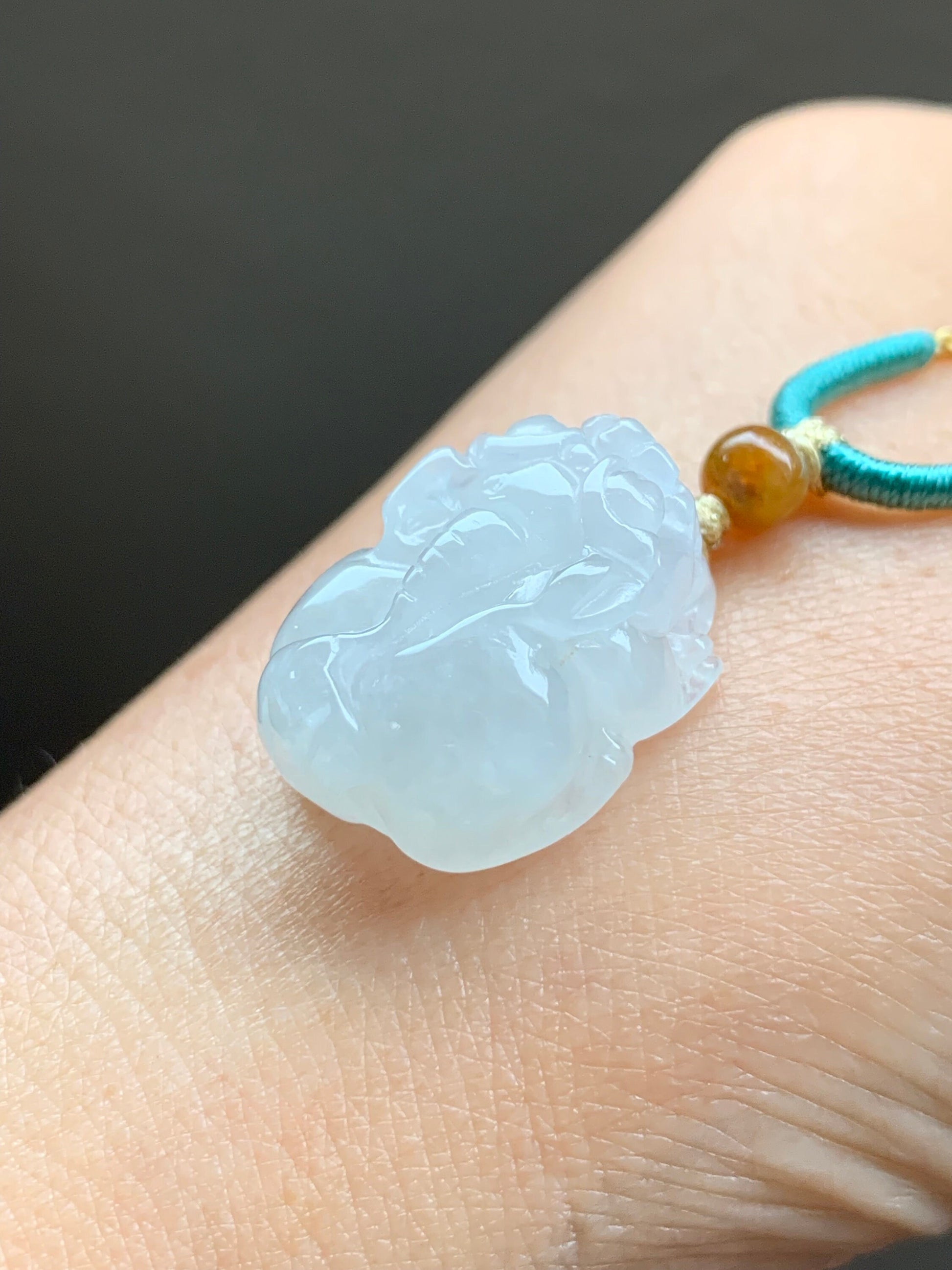 Natural Burmese Translucent & Gelatinous Icy White Jadeite Pixiu Pendant Rope Necklace 24" Adjustable 天然缅甸白冰胶翡翠貔貅吊坠项链