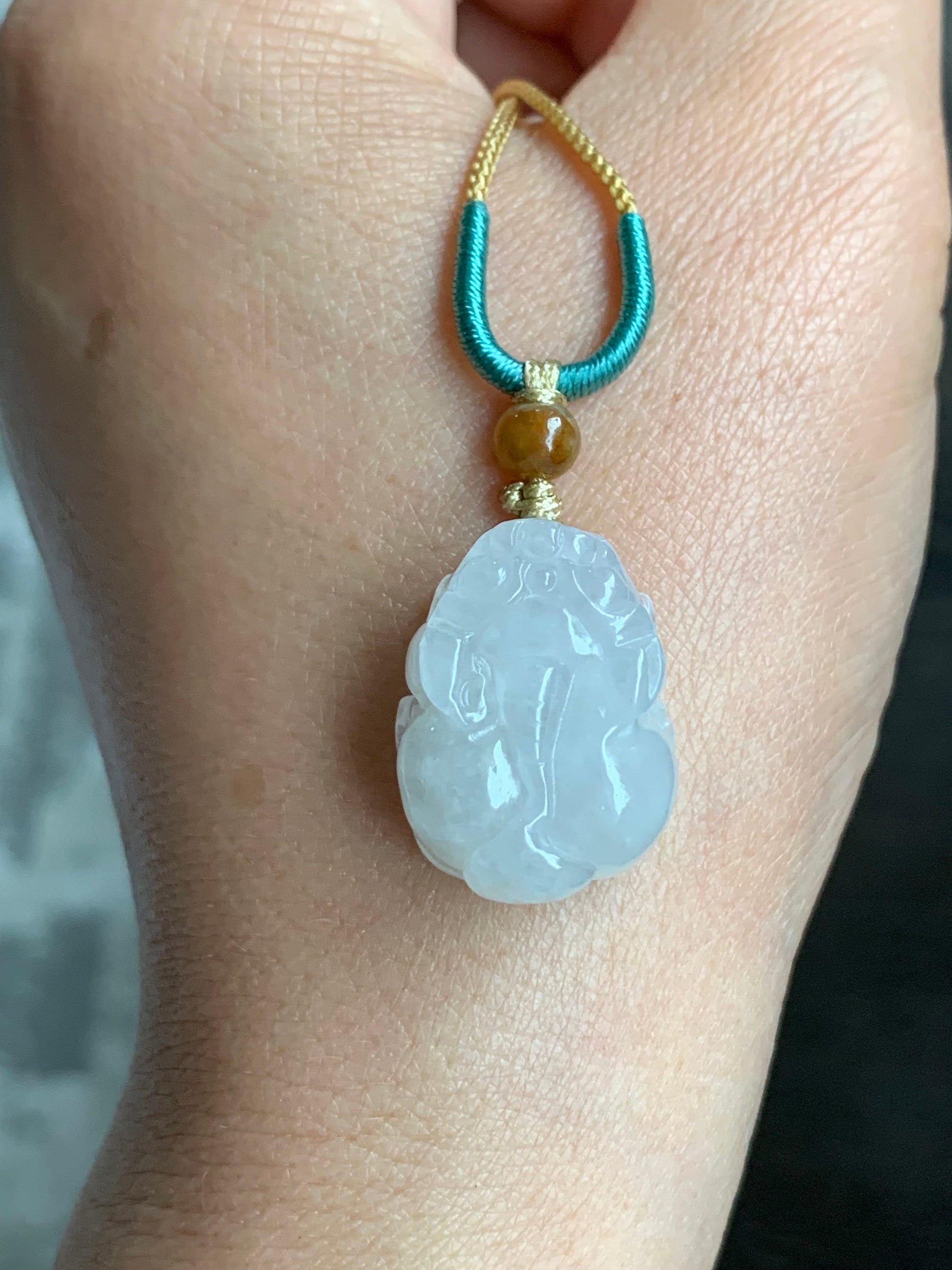 Natural Burmese Translucent & Gelatinous Icy White Jadeite Pixiu Pendant Rope Necklace 24" Adjustable 天然缅甸白冰胶翡翠貔貅吊坠项链