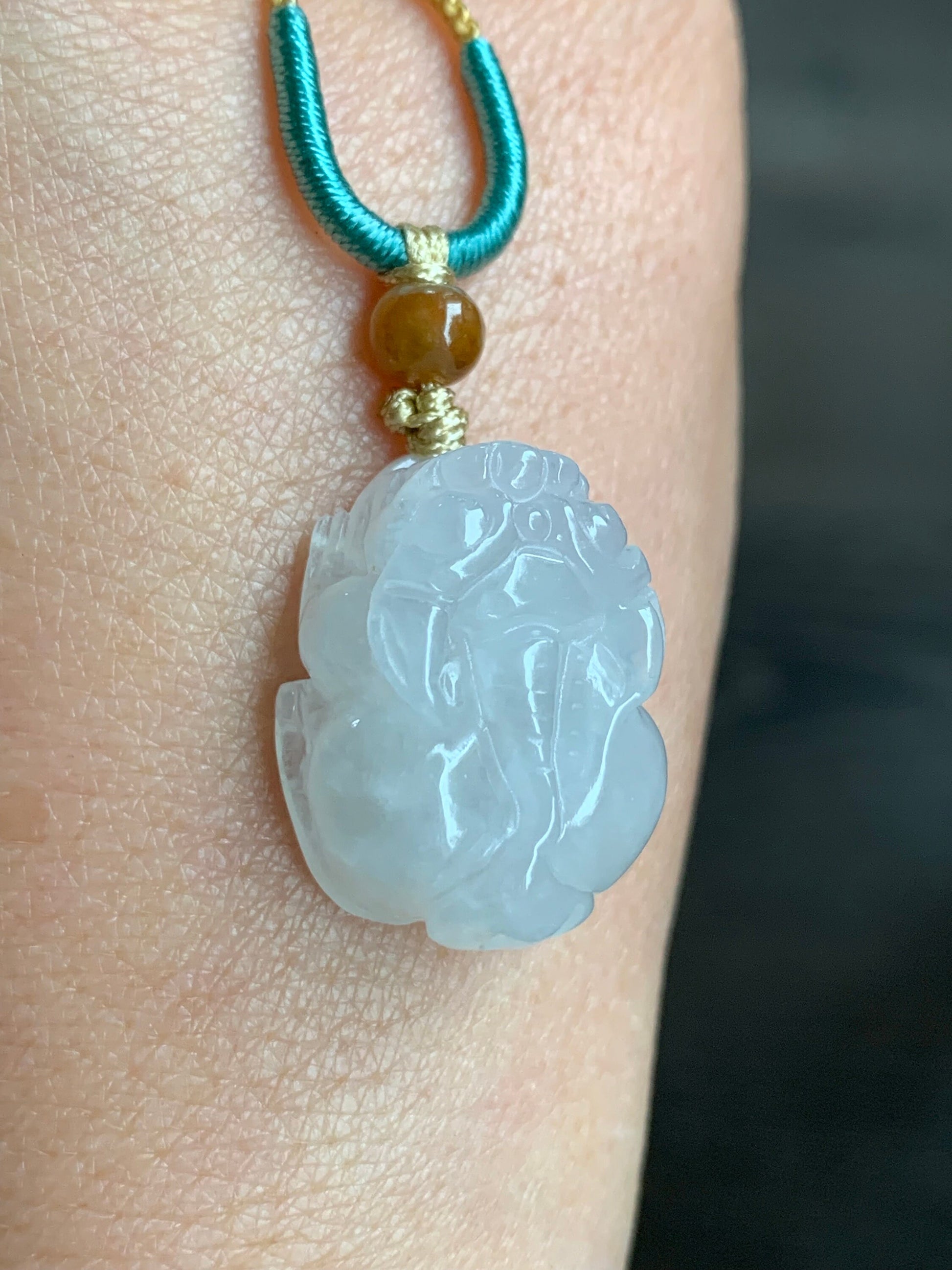 Natural Burmese Translucent & Gelatinous Icy White Jadeite Pixiu Pendant Rope Necklace 24" Adjustable 天然缅甸白冰胶翡翠貔貅吊坠项链