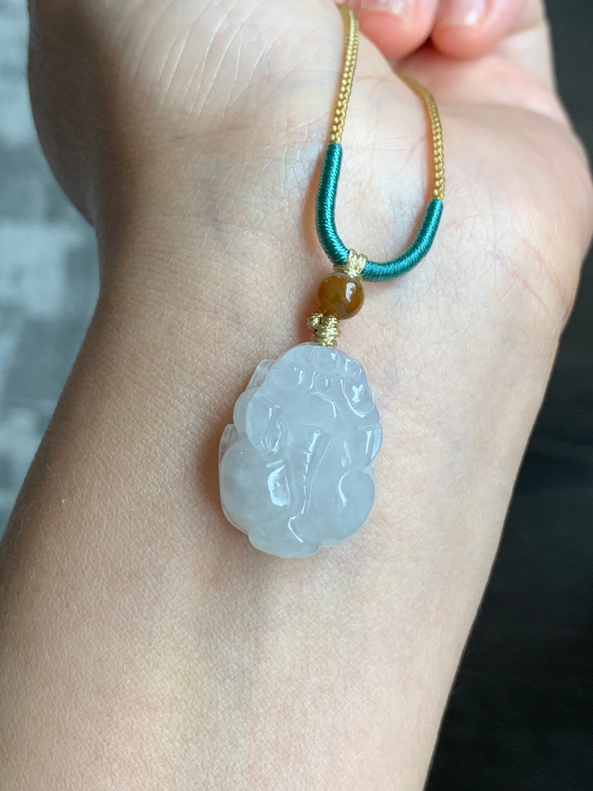 Natural Burmese Translucent & Gelatinous Icy White Jadeite Pixiu Pendant Rope Necklace 24" Adjustable 天然缅甸白冰胶翡翠貔貅吊坠项链