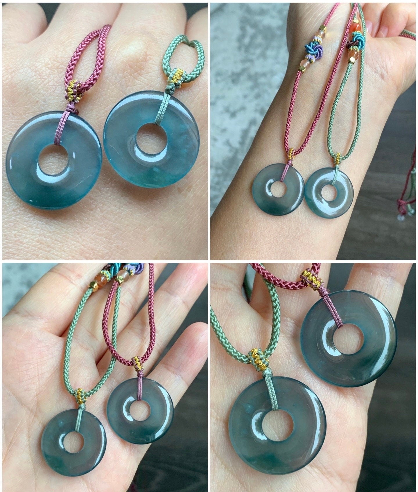 Natural Guatemalan Icy Highly Translucent Teal Blue Jadeite Ping An Kou Donut Pendant Rope Necklace 24” 天然冰危老蓝水翡翠平安扣吊坠