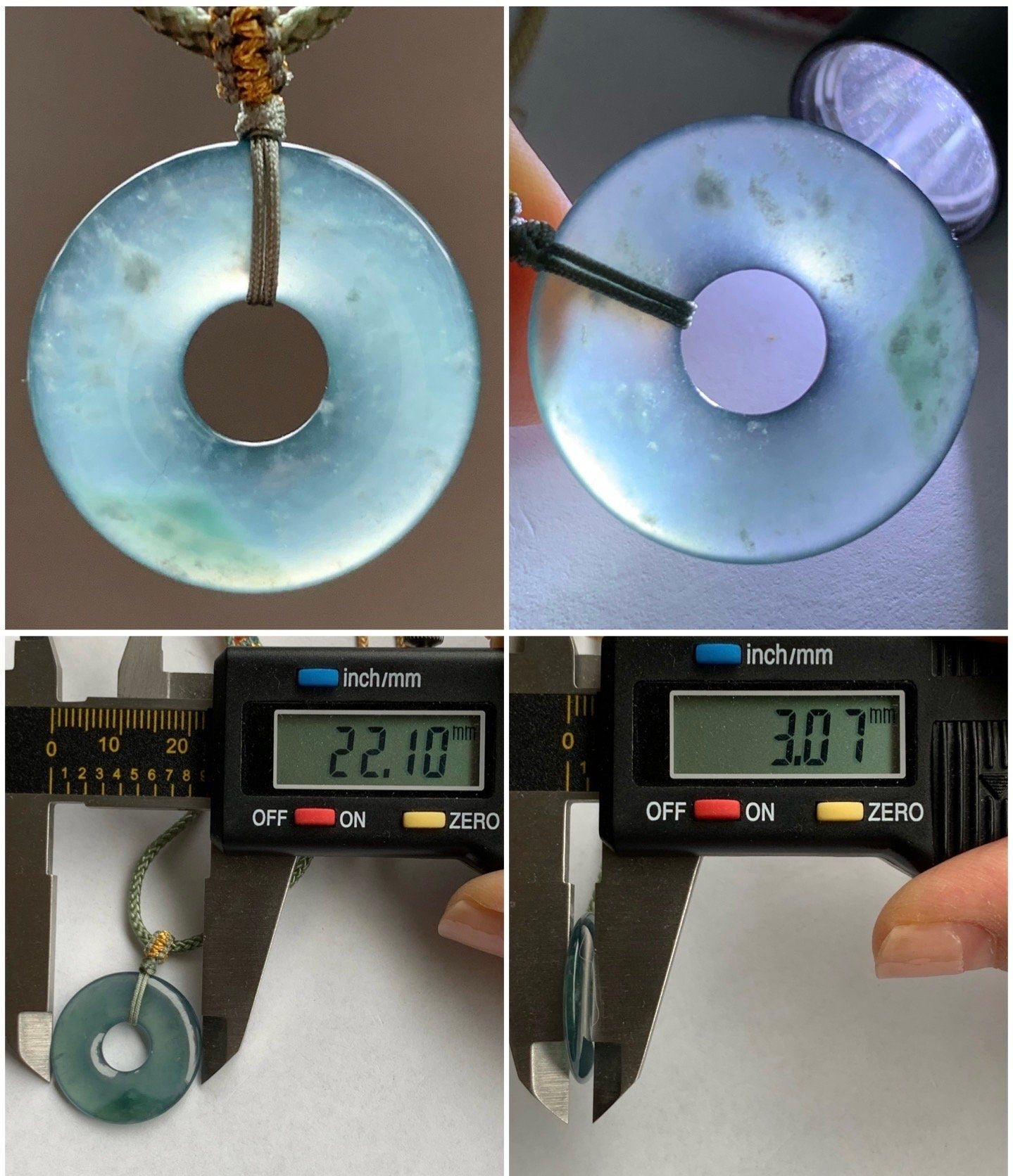 Natural Guatemalan Icy Highly Translucent Teal Blue Jadeite Ping An Kou Donut Pendant Rope Necklace 24” 天然冰危老蓝水翡翠平安扣吊坠