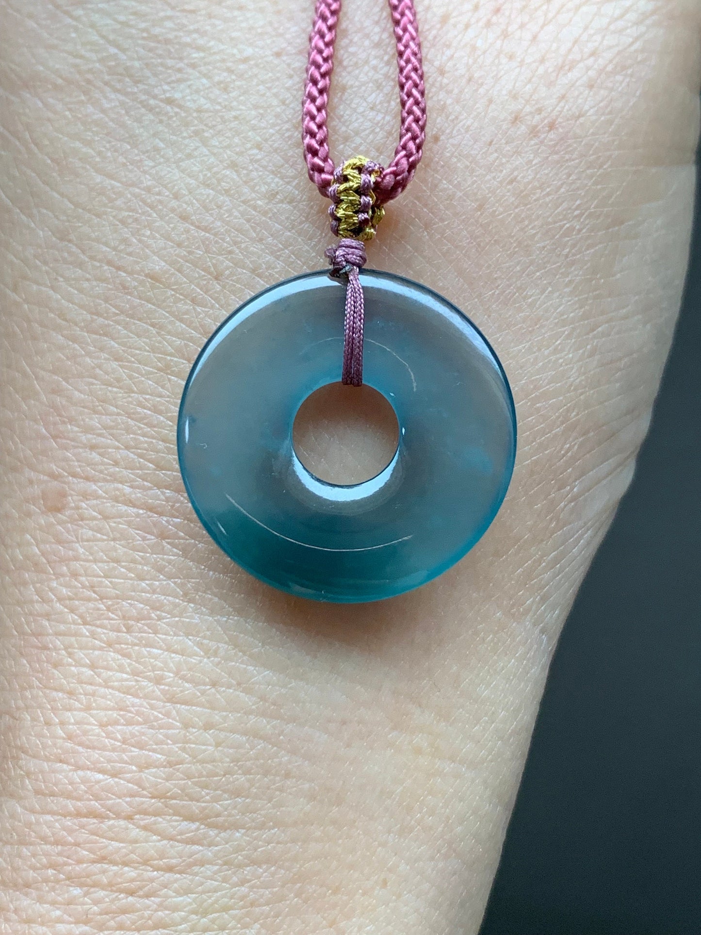 Natural Guatemalan Icy Highly Translucent Teal Blue Jadeite Ping An Kou Donut Pendant Rope Necklace 24” 天然冰危老蓝水翡翠平安扣吊坠