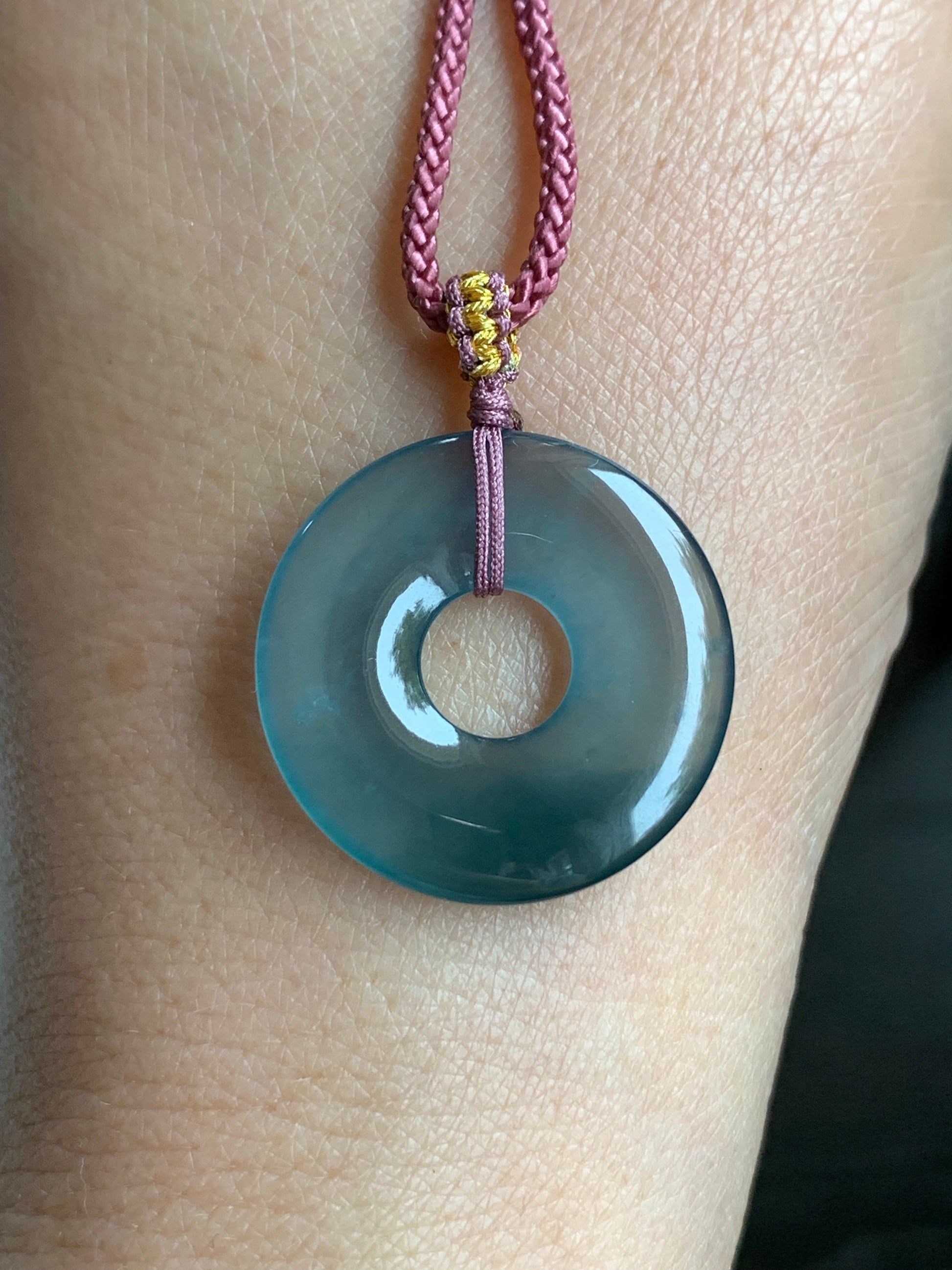 Natural Guatemalan Icy Highly Translucent Teal Blue Jadeite Ping An Kou Donut Pendant Rope Necklace 24” 天然冰危老蓝水翡翠平安扣吊坠
