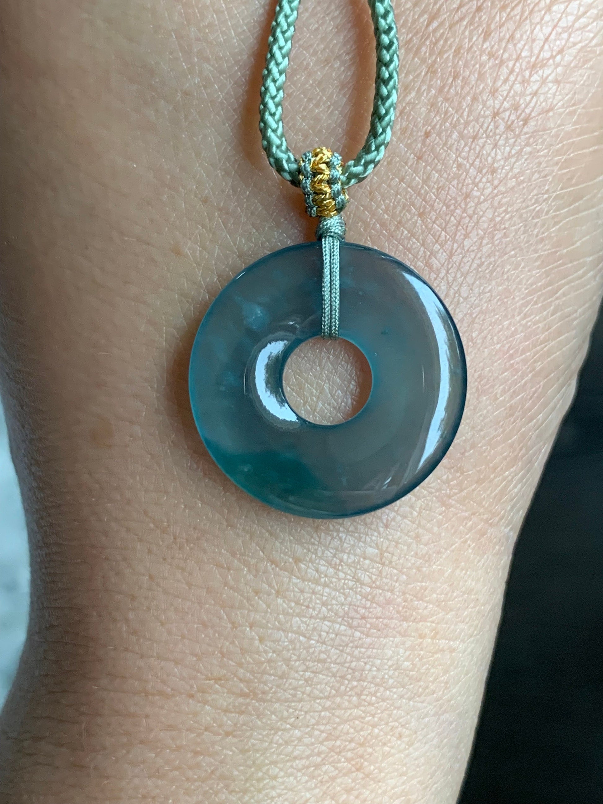 Natural Guatemalan Icy Highly Translucent Teal Blue Jadeite Ping An Kou Donut Pendant Rope Necklace 24” 天然冰危老蓝水翡翠平安扣吊坠