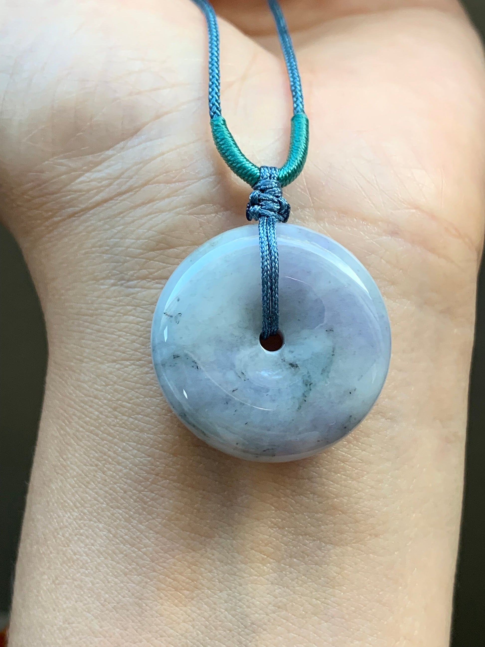 Large Natural Burmese Translucent Multicolored Jadeite Ping An Kou Donut Pendant Rope Necklace 24” Adjustable 天然缅甸细糯紫乌鸡飘黄翡翡翠平安扣吊坠项链