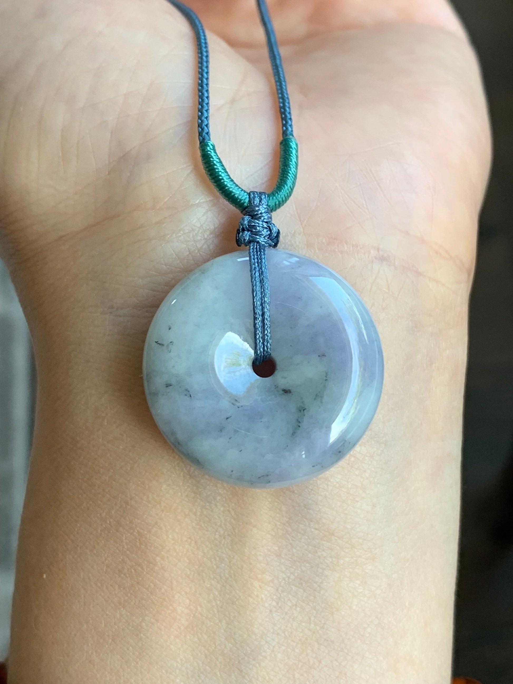 Large Natural Burmese Translucent Multicolored Jadeite Ping An Kou Donut Pendant Rope Necklace 24” Adjustable 天然缅甸细糯紫乌鸡飘黄翡翡翠平安扣吊坠项链
