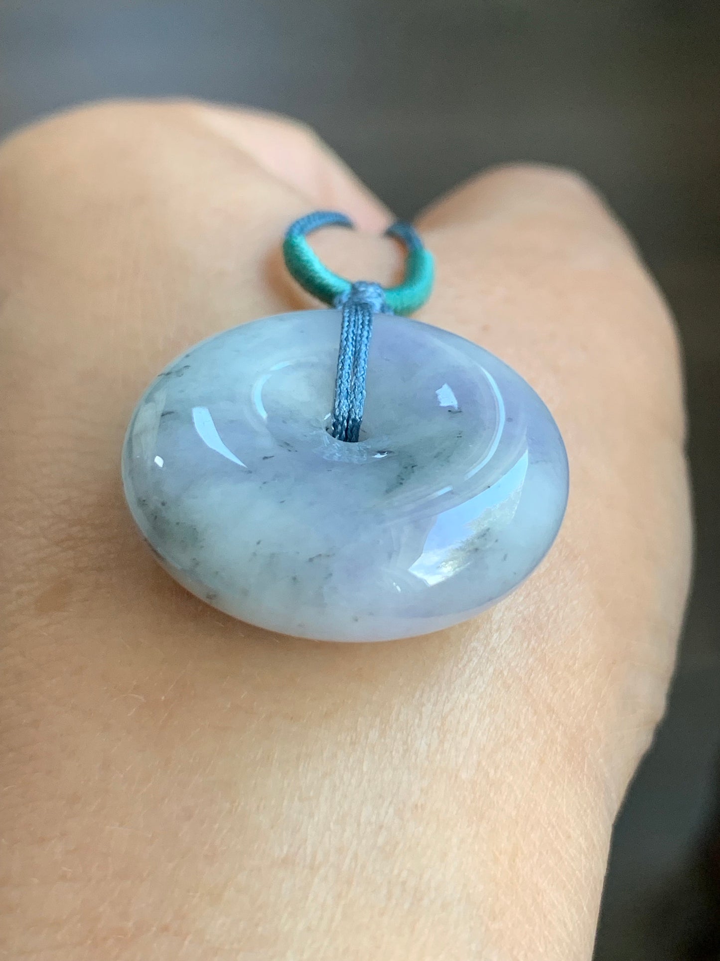 Large Natural Burmese Translucent Multicolored Jadeite Ping An Kou Donut Pendant Rope Necklace 24” Adjustable 天然缅甸细糯紫乌鸡飘黄翡翡翠平安扣吊坠项链