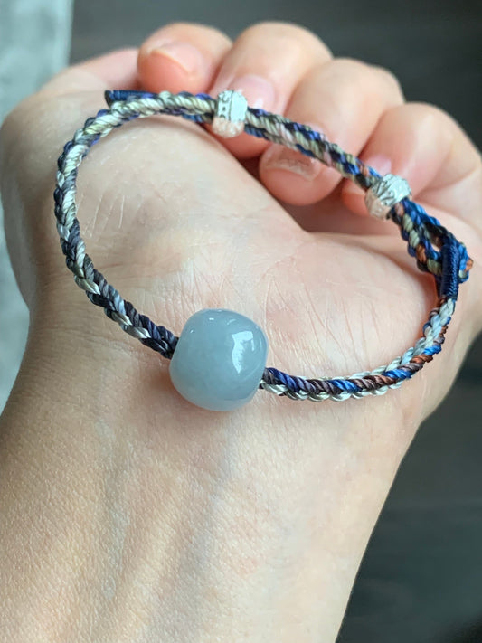 Natural Burmese Icy Translucent Sky Blue Jadeite Large Drum Bead Rope Bracelet w/ 999 Silver Drum Beads Adjustable 天然缅甸冰胶天空蓝翡翠大鼓珠足银环手绳
