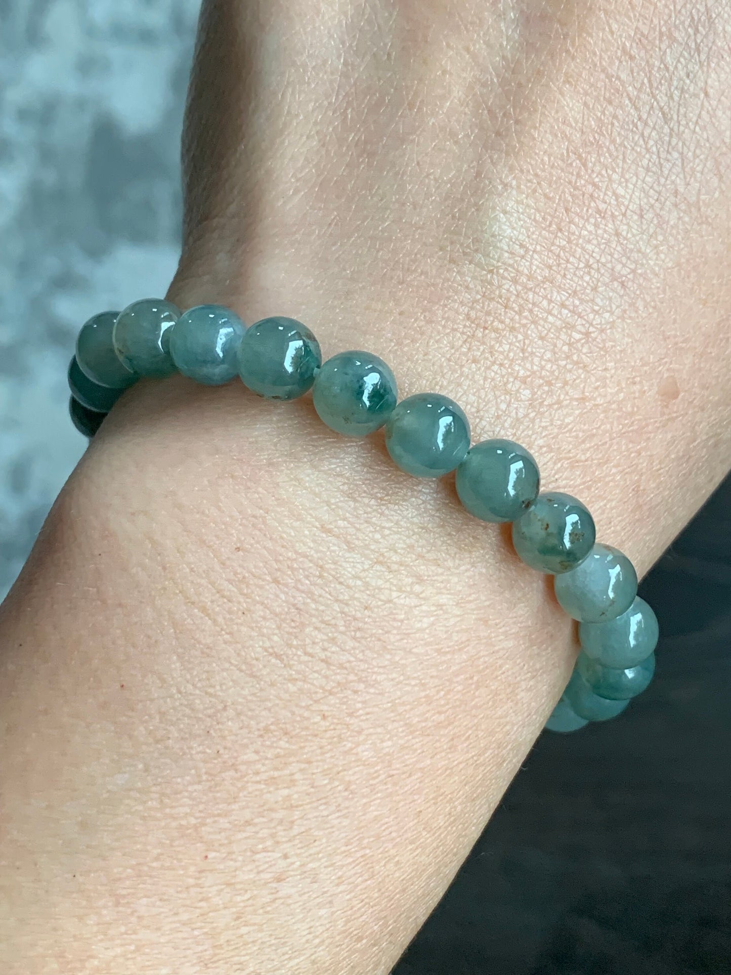 Natural Burmese Icy Highly Translucent Gelatinou Light Green Jadeite w/ Green Marbling Beaded Bracelet 7.5mm 7.25” 天然缅甸冰晴飘花翡翠圆珠手串 QPH420