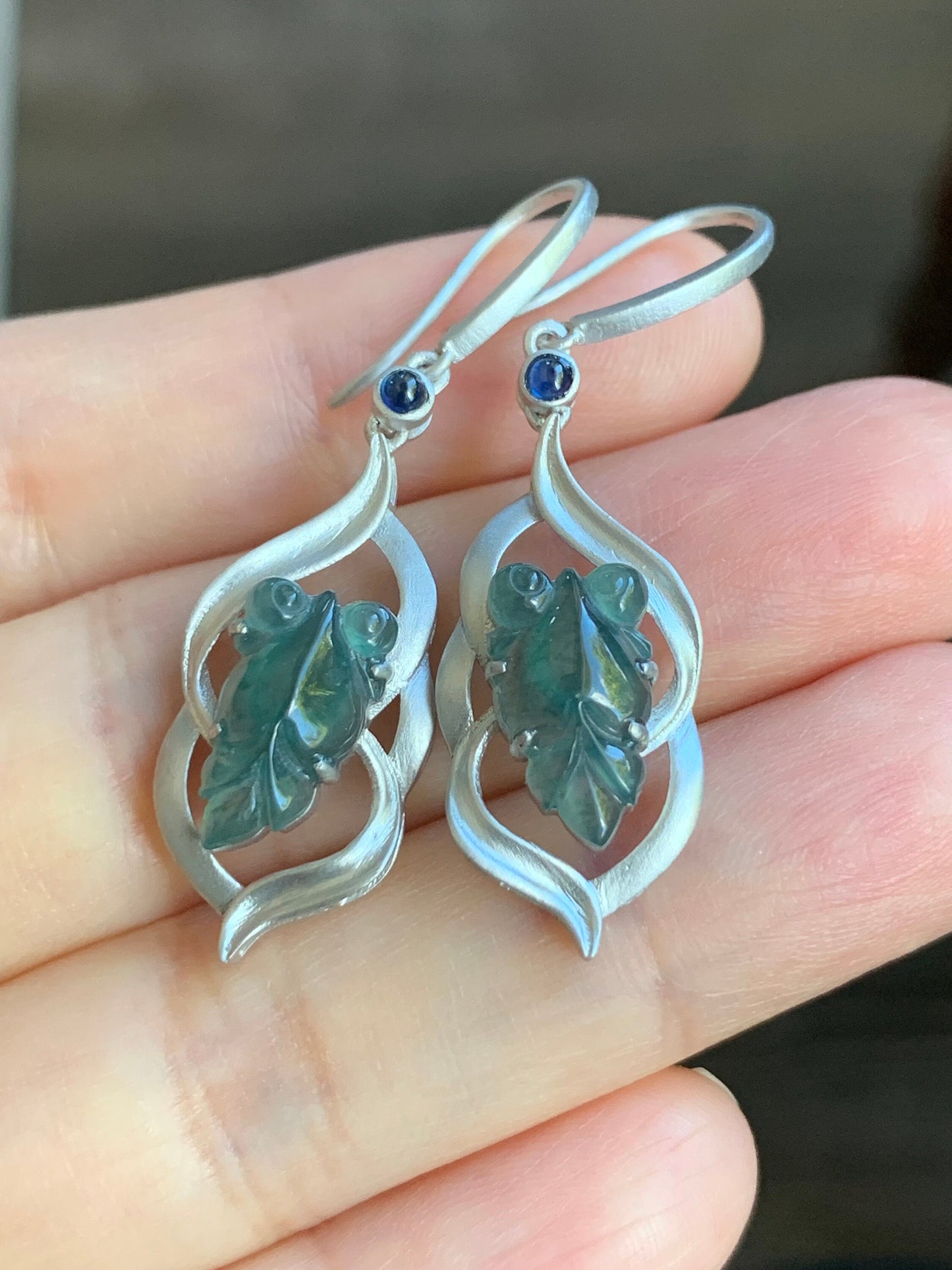 Certified Natural Guatemalan Icy Highly Translucent Teal Blue Jadeite Goldfish Dangle Earrings Sterling Silver 天然冰危蓝绿翡翠金鱼银镶耳钩耳吊