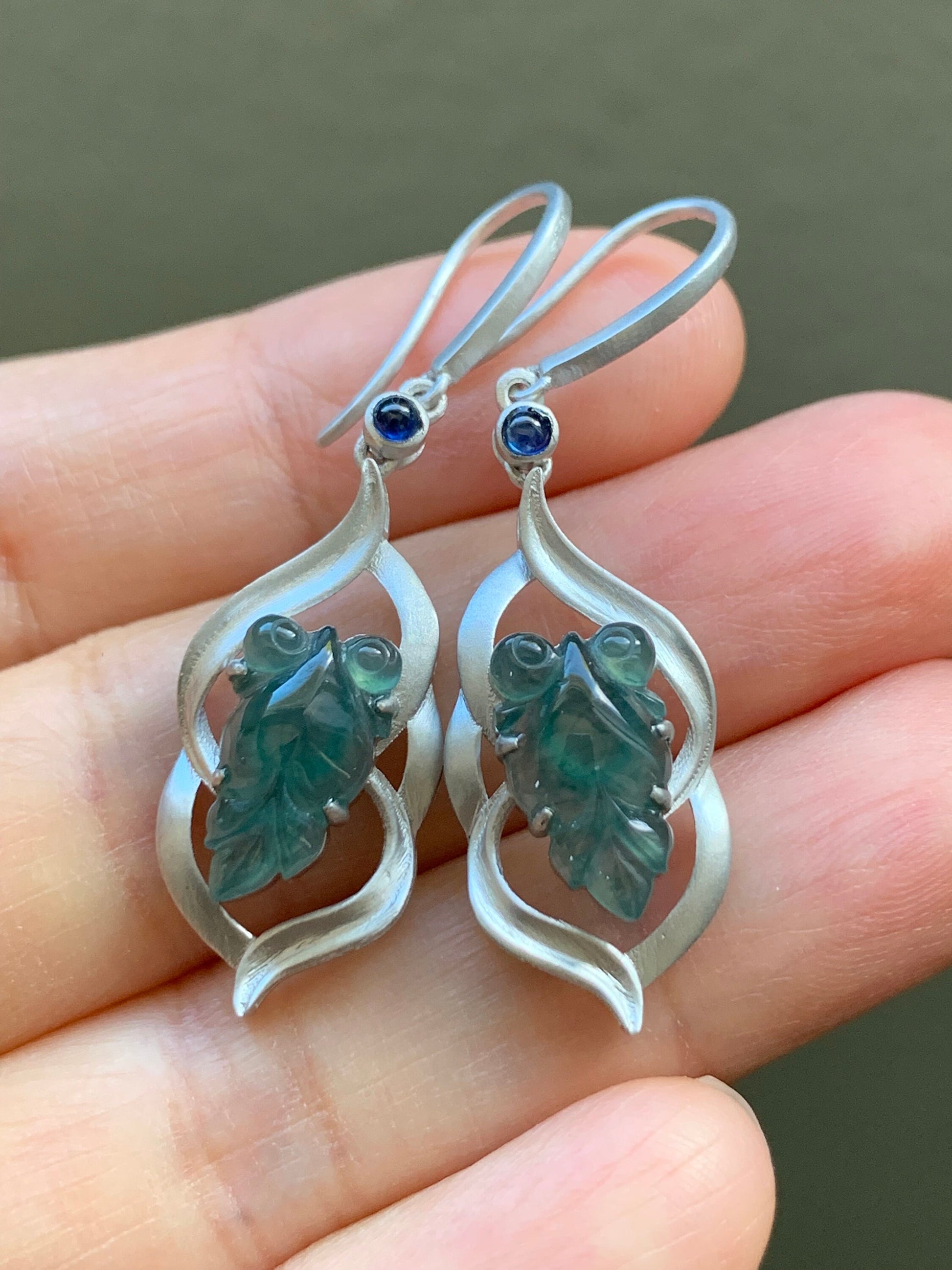 Certified Natural Guatemalan Icy Highly Translucent Teal Blue Jadeite Goldfish Dangle Earrings Sterling Silver 天然冰危蓝绿翡翠金鱼银镶耳钩耳吊