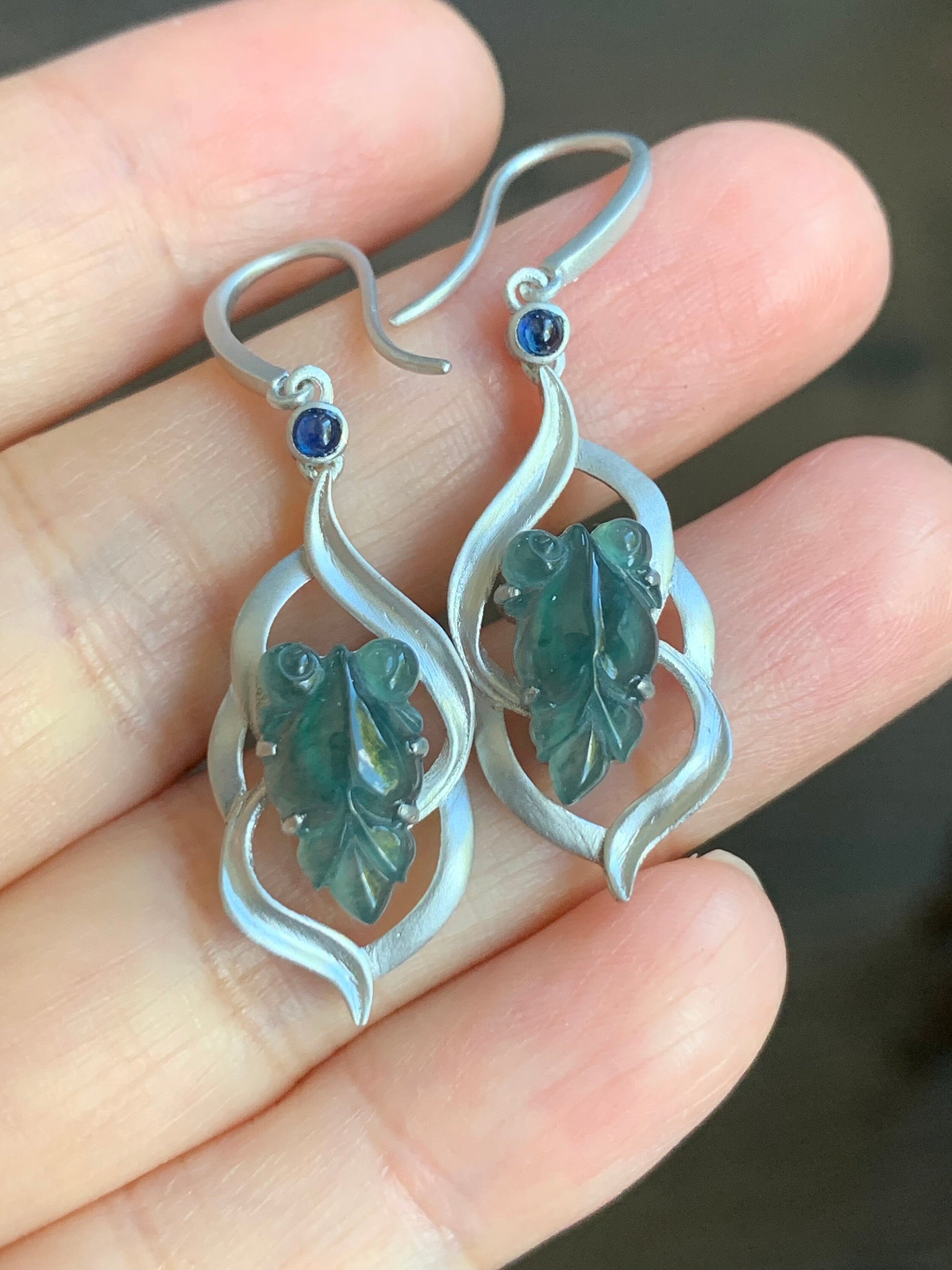 Certified Natural Guatemalan Icy Highly Translucent Teal Blue Jadeite Goldfish Dangle Earrings Sterling Silver 天然冰危蓝绿翡翠金鱼银镶耳钩耳吊
