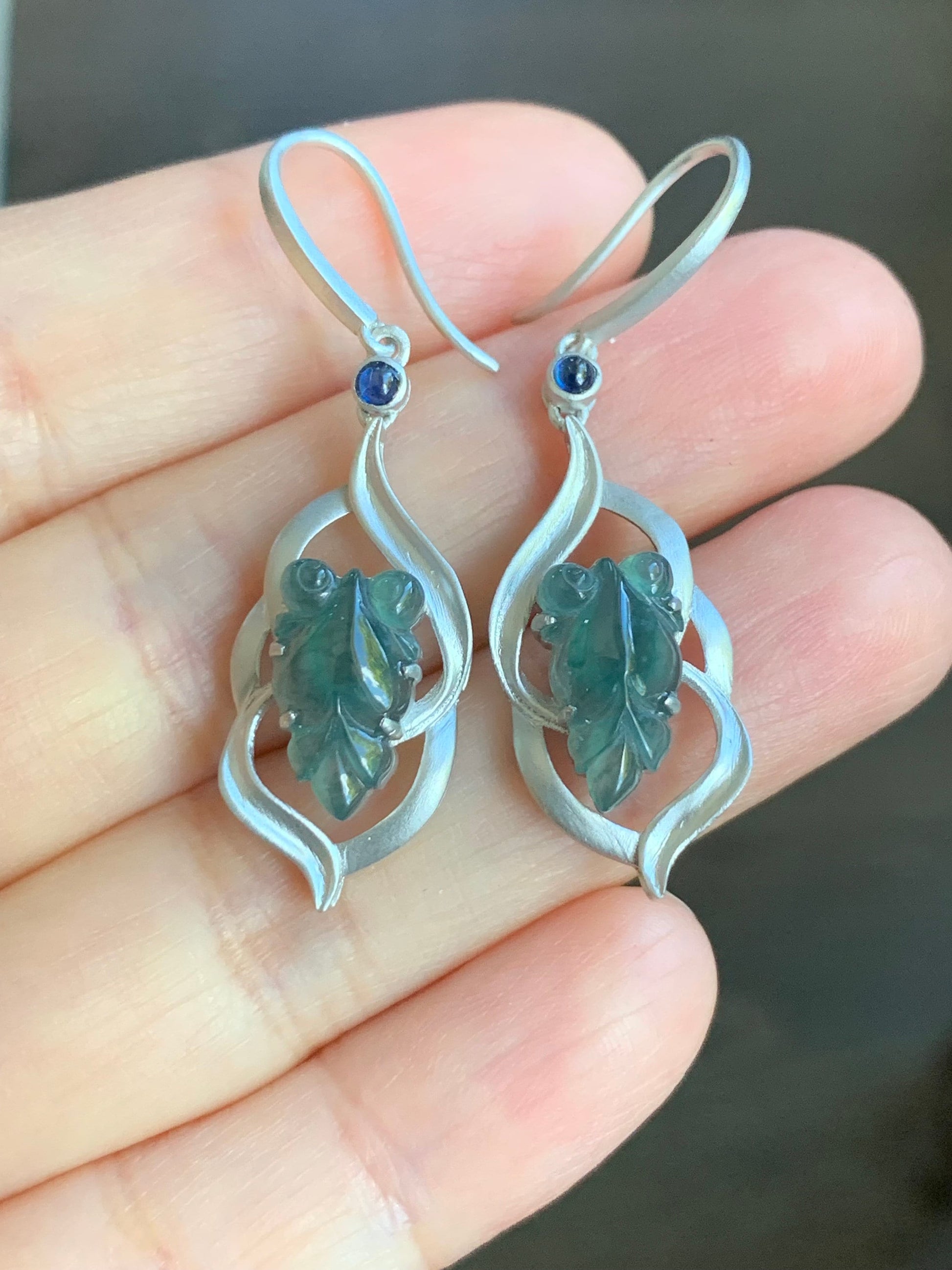 Certified Natural Guatemalan Icy Highly Translucent Teal Blue Jadeite Goldfish Dangle Earrings Sterling Silver 天然冰危蓝绿翡翠金鱼银镶耳钩耳吊