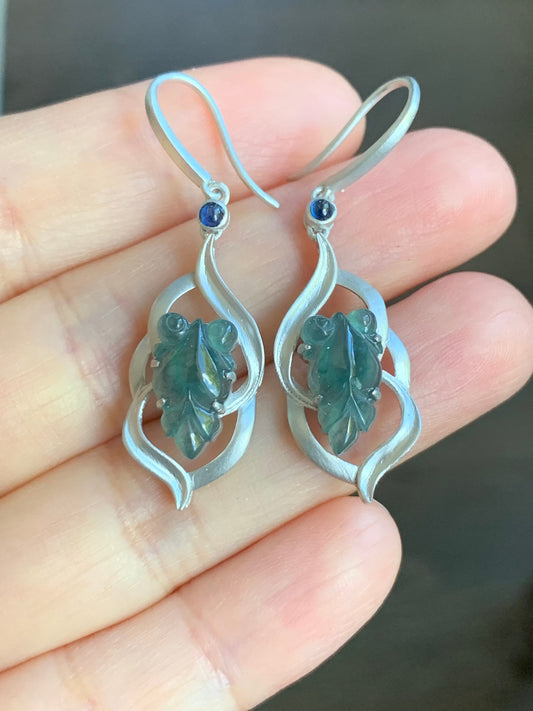 Certified Natural Guatemalan Icy Highly Translucent Teal Blue Jadeite Goldfish Dangle Earrings Sterling Silver 天然冰危蓝绿翡翠金鱼银镶耳钩耳吊