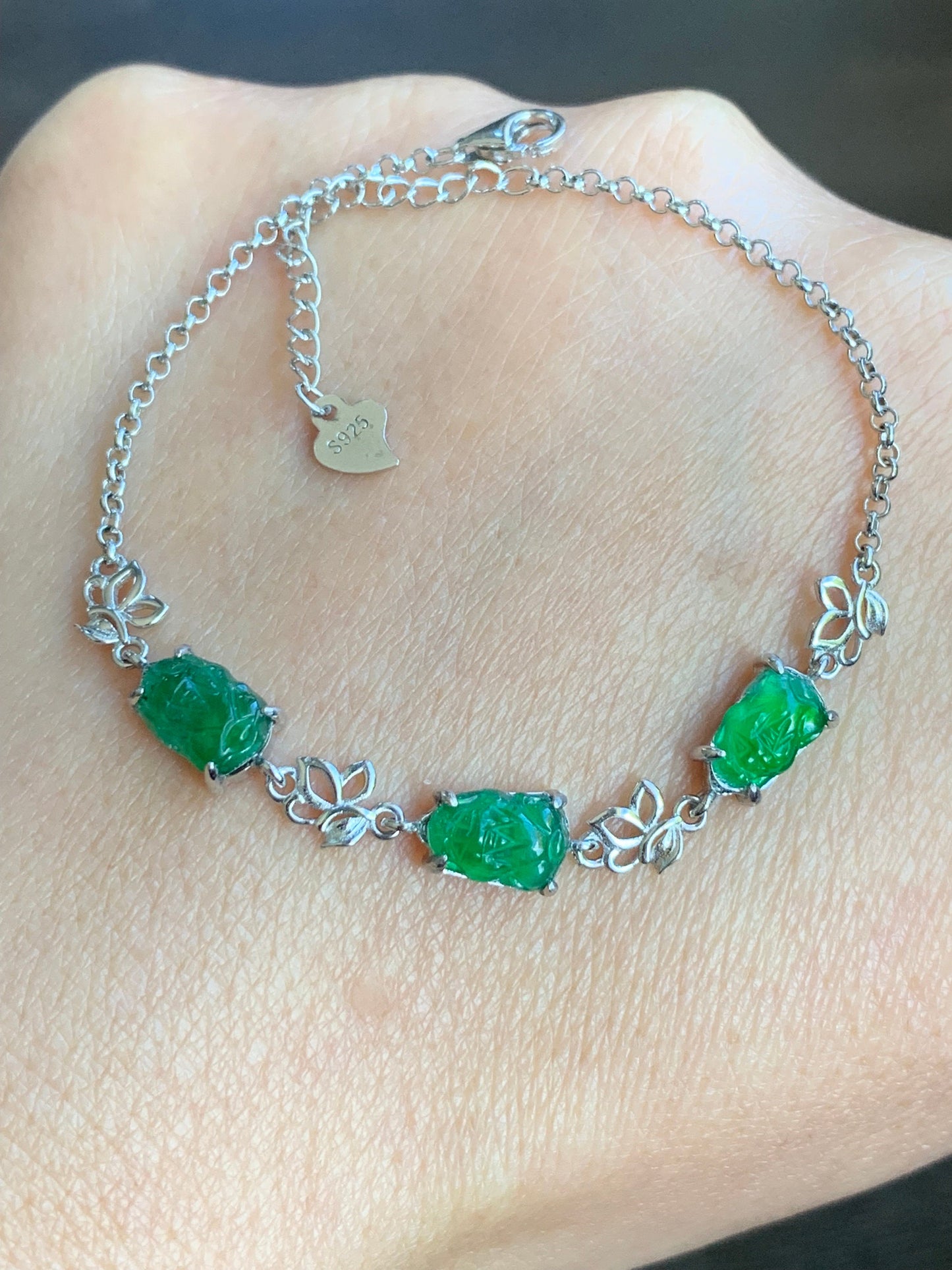 Natural Guatemalan Icy Highly Translucent Vibrant Green Jadeite Pixiu Chain Bracelet S925 Sterling Silver adjustable 天然冰危绿翡翠貔貅银镶手链