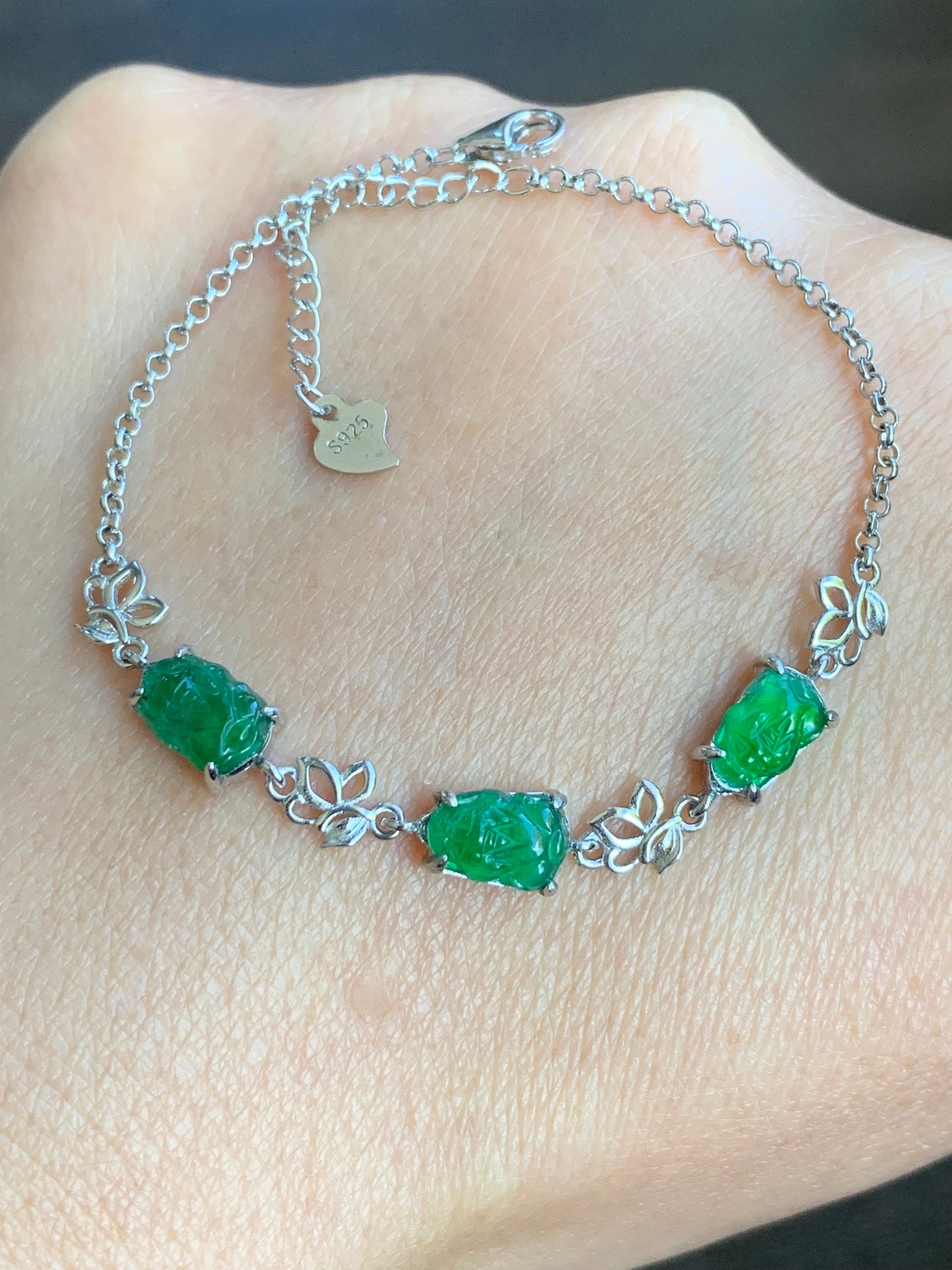 Natural Guatemalan Icy Highly Translucent Vibrant Green Jadeite Pixiu Chain Bracelet S925 Sterling Silver adjustable 天然冰危绿翡翠貔貅银镶手链