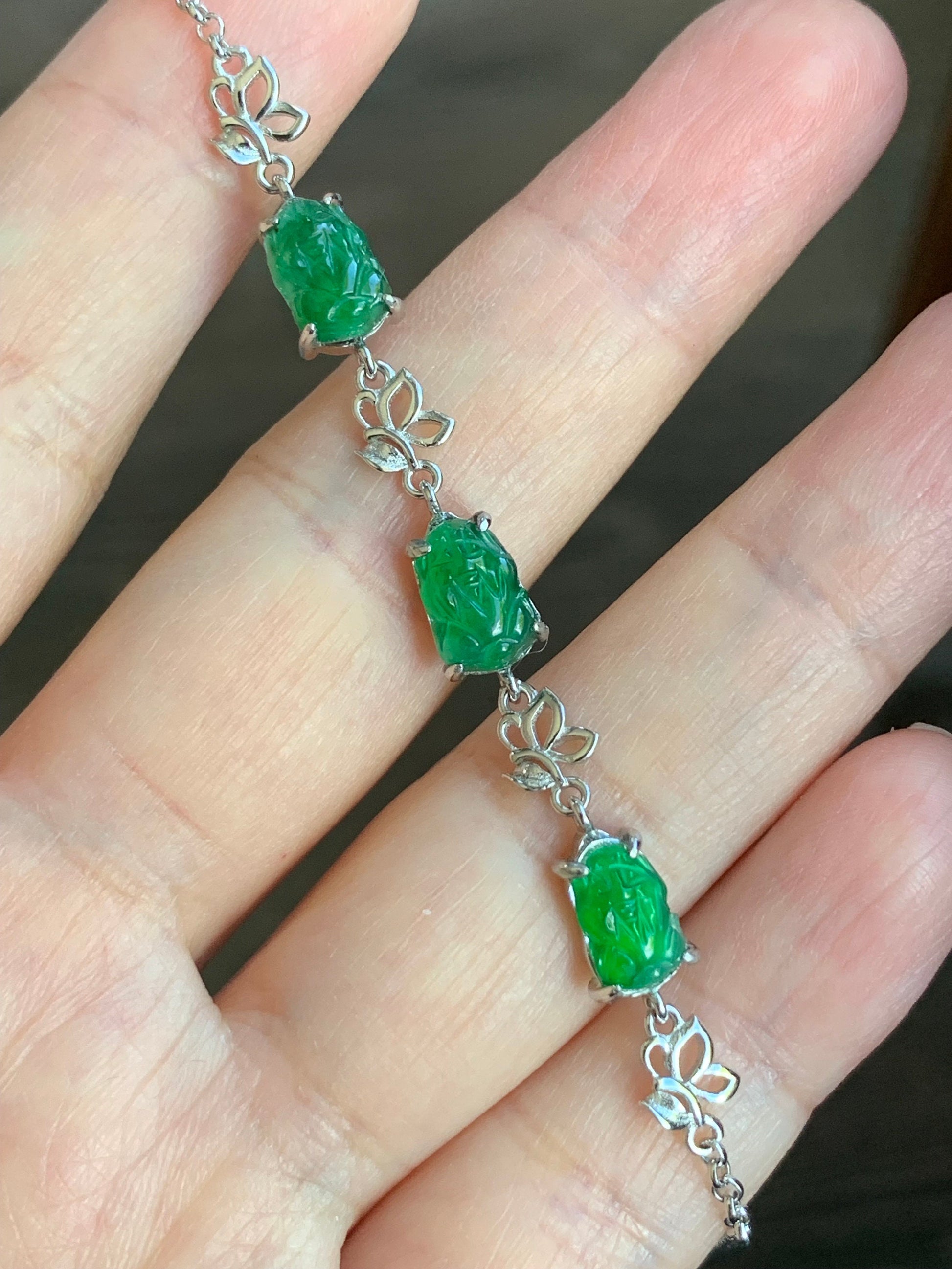 Natural Guatemalan Icy Highly Translucent Vibrant Green Jadeite Pixiu Chain Bracelet S925 Sterling Silver adjustable 天然冰危绿翡翠貔貅银镶手链