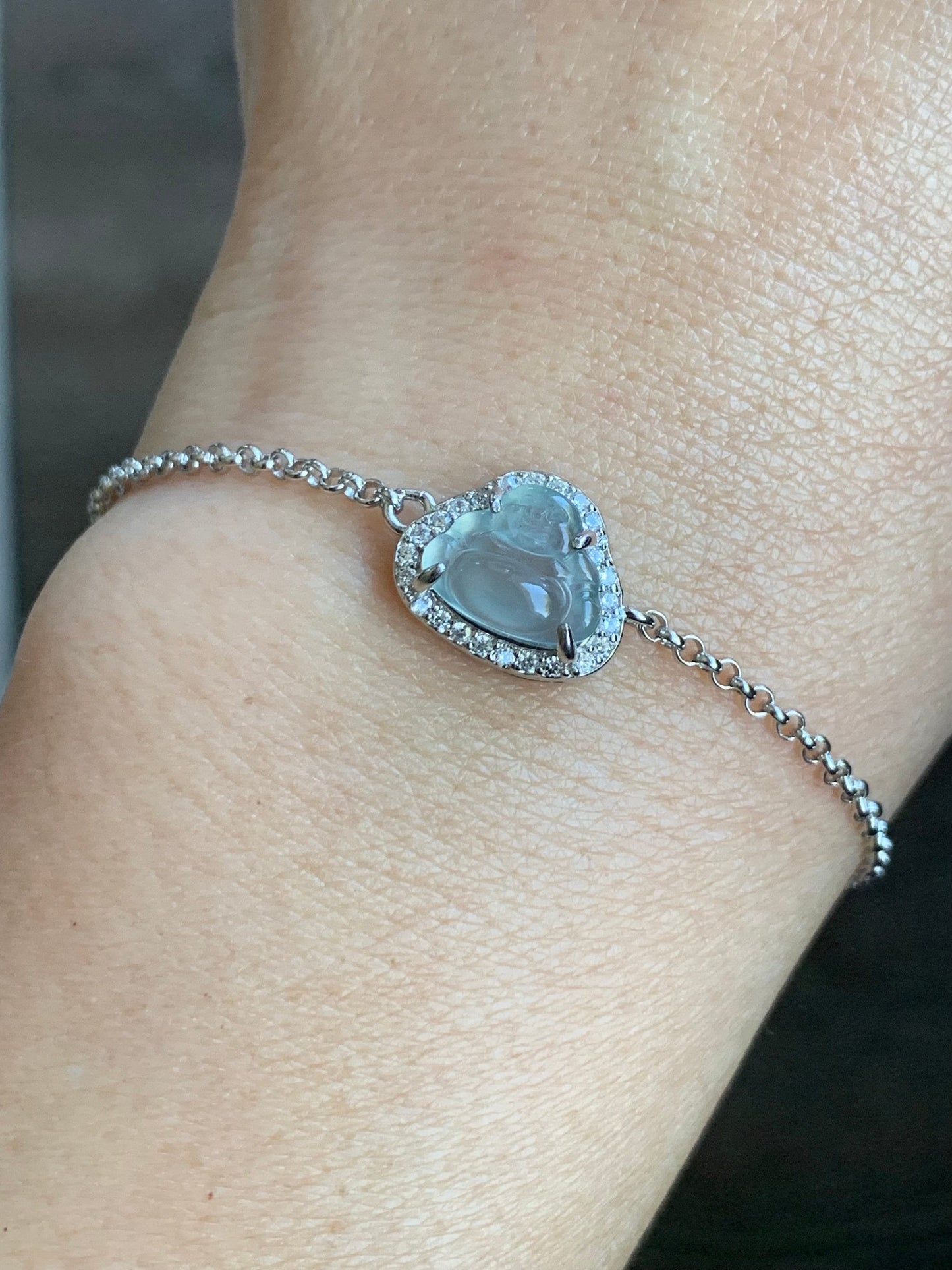 Natural Guatemalan Icy Highly Translucent Sky Blue Jadeite Buddha Rolo Chain Bracelet Sterling Silver 6.5" Adjustable 天然冰危天空蓝翡翠小佛公银镶手链