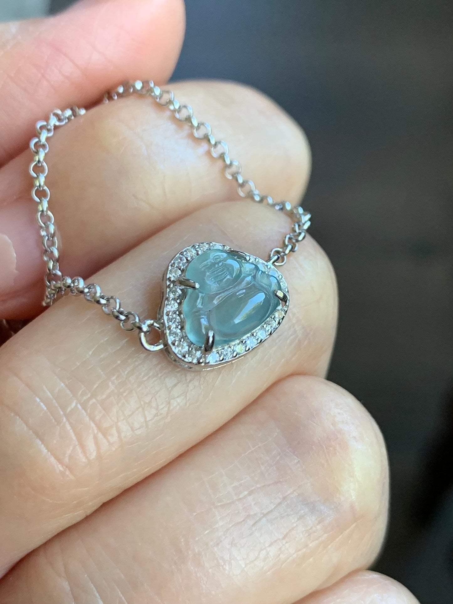 Natural Guatemalan Icy Highly Translucent Sky Blue Jadeite Buddha Rolo Chain Bracelet Sterling Silver 6.5" Adjustable 天然冰危天空蓝翡翠小佛公银镶手链