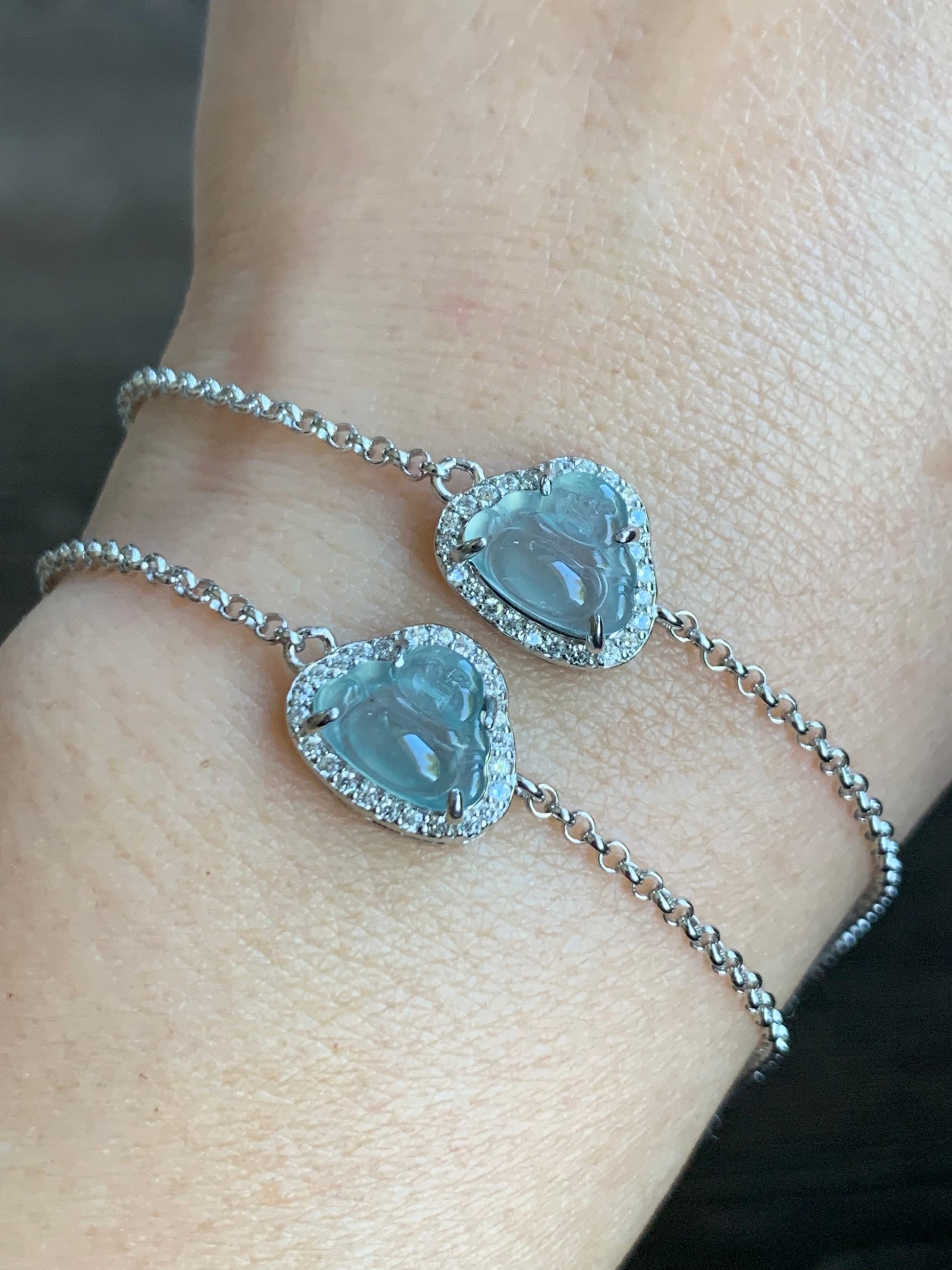 Natural Guatemalan Icy Highly Translucent Sky Blue Jadeite Buddha Rolo Chain Bracelet Sterling Silver 6.5" Adjustable 天然冰危天空蓝翡翠小佛公银镶手链