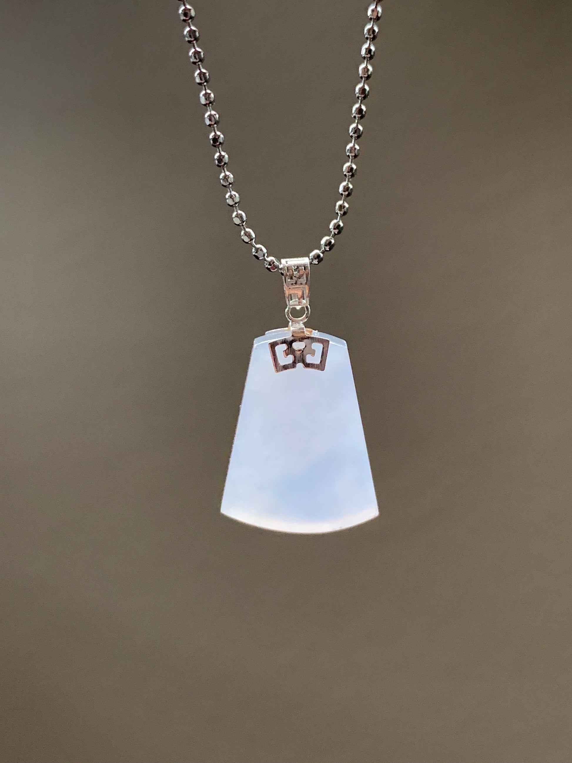 Certified Natural Burmese Icy Translucent Gelatinous Light Purple Jadeite Trapezoid Wu Shi Pai Pendant 18K White Gold 天然缅甸冰淡紫翡翠梯形无事牌吊坠