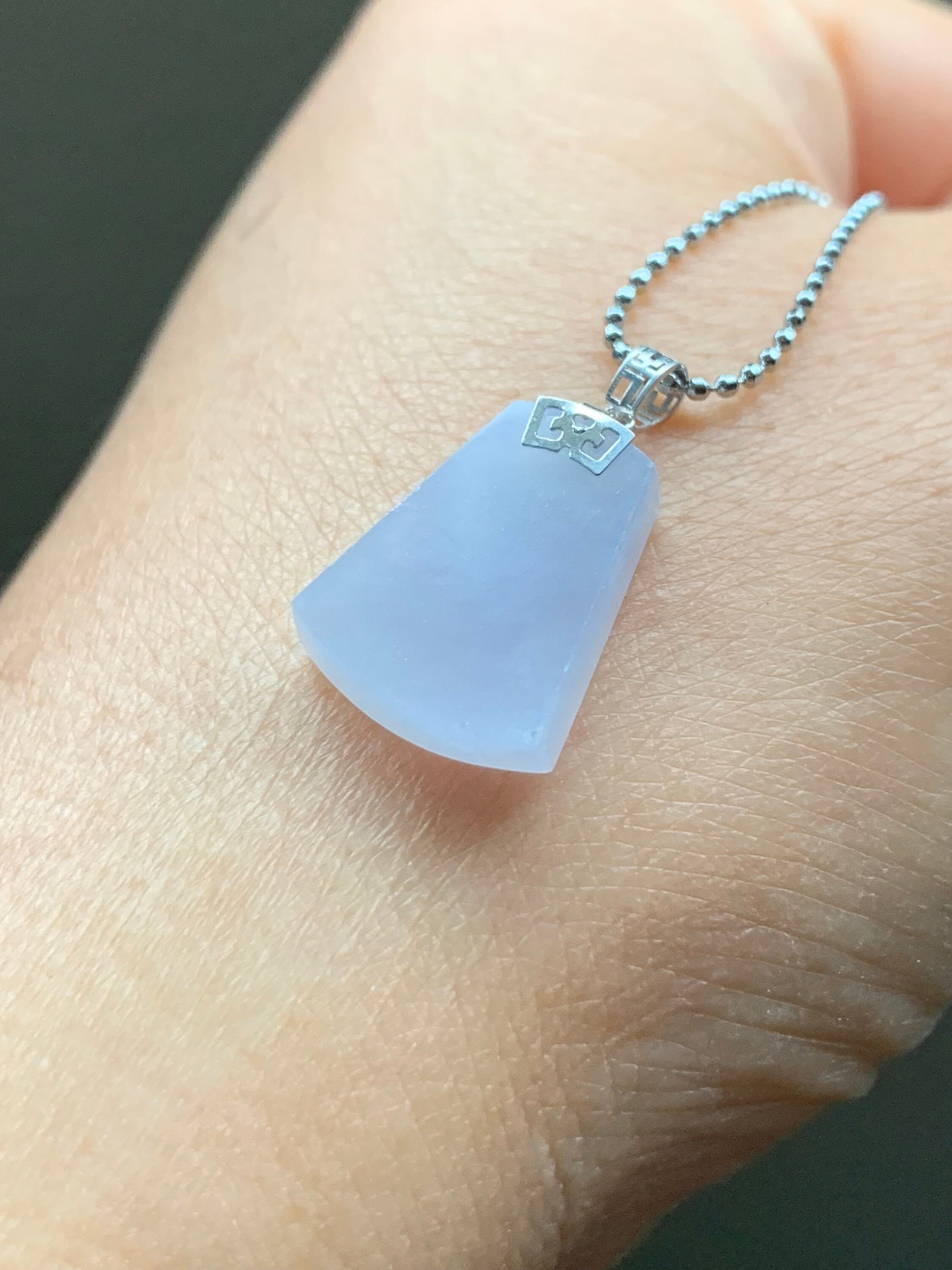 Certified Natural Burmese Icy Translucent Gelatinous Light Purple Jadeite Trapezoid Wu Shi Pai Pendant 18K White Gold 天然缅甸冰淡紫翡翠梯形无事牌吊坠