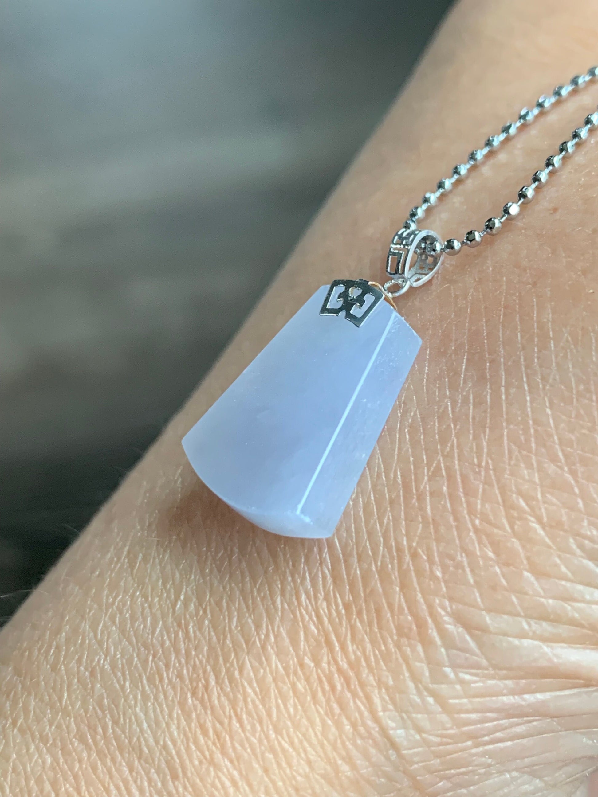 Certified Natural Burmese Icy Translucent Gelatinous Light Purple Jadeite Trapezoid Wu Shi Pai Pendant 18K White Gold 天然缅甸冰淡紫翡翠梯形无事牌吊坠