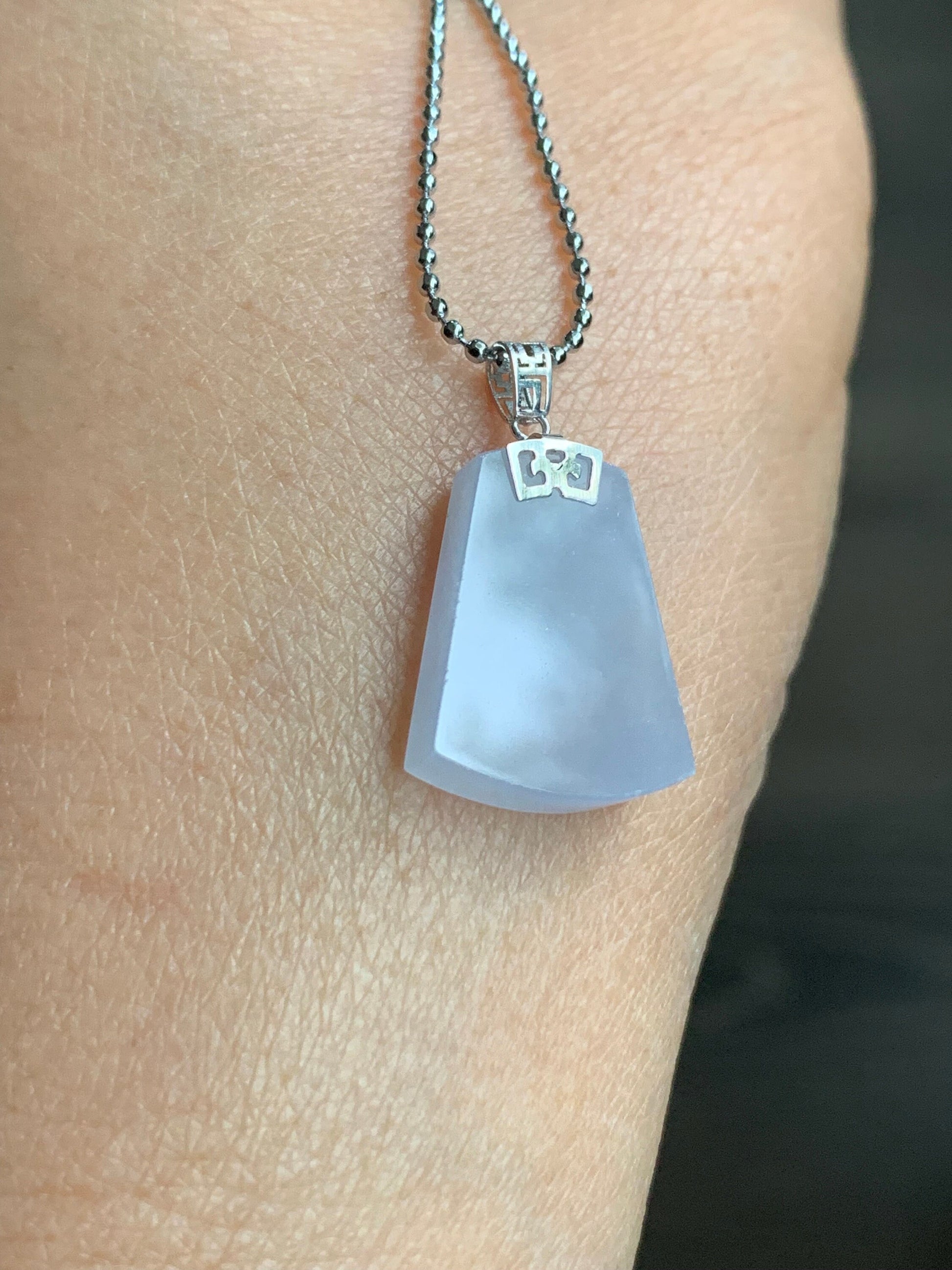 Certified Natural Burmese Icy Translucent Gelatinous Light Purple Jadeite Trapezoid Wu Shi Pai Pendant 18K White Gold 天然缅甸冰淡紫翡翠梯形无事牌吊坠