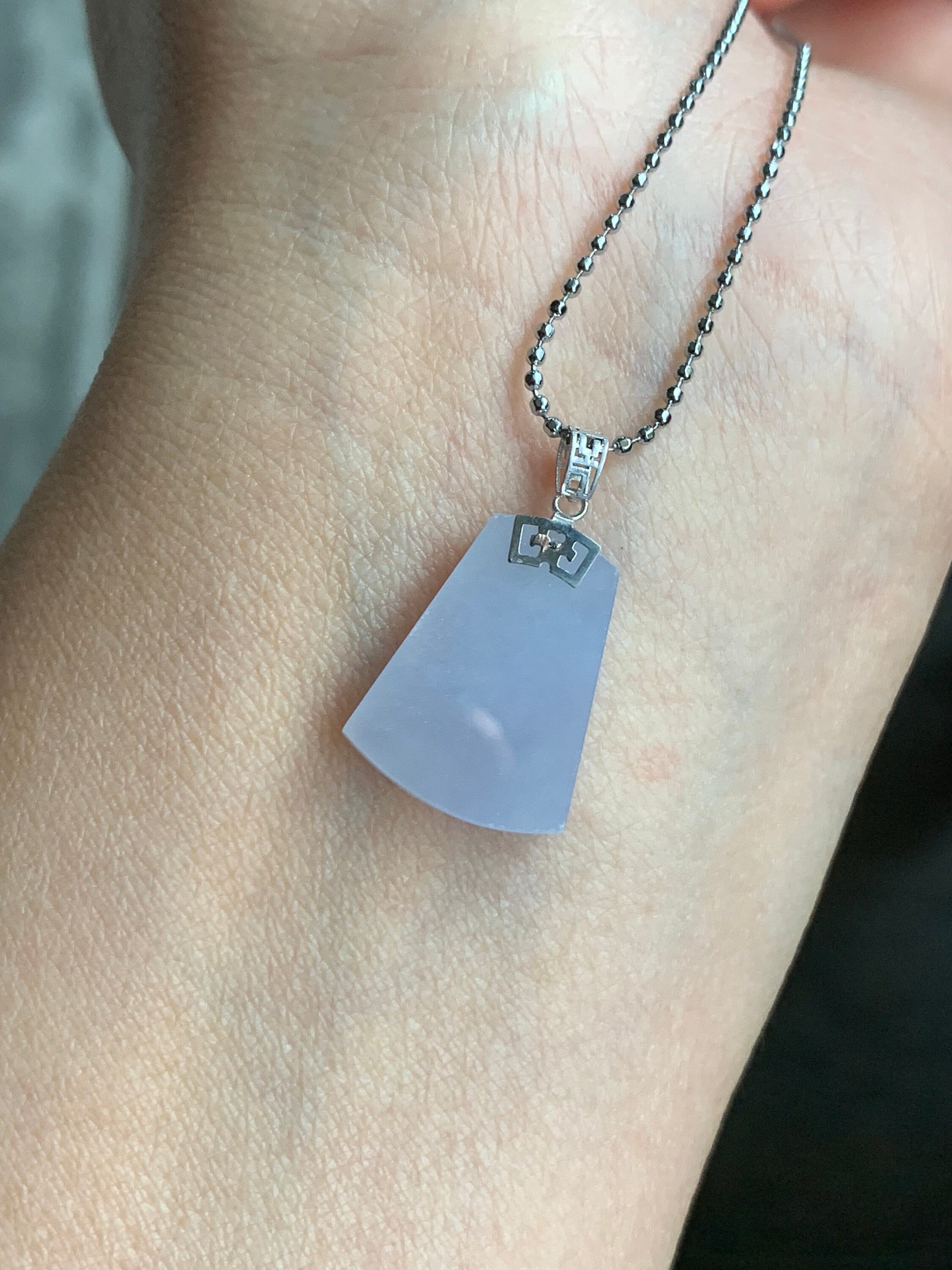 Certified Natural Burmese Icy Translucent Gelatinous Light Purple Jadeite Trapezoid Wu Shi Pai Pendant 18K White Gold 天然缅甸冰淡紫翡翠梯形无事牌吊坠