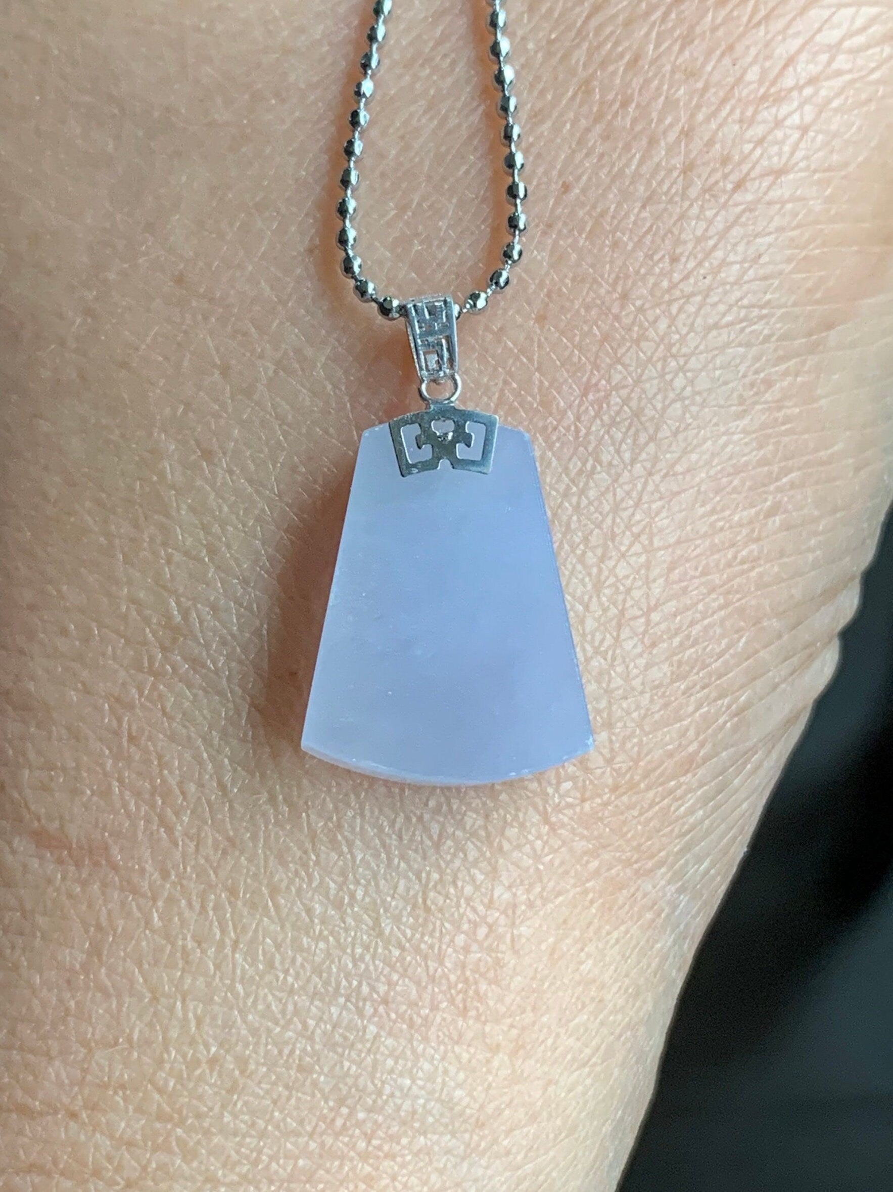 Certified Natural Burmese Icy Translucent Gelatinous Light Purple Jadeite Trapezoid Wu Shi Pai Pendant 18K White Gold 天然缅甸冰淡紫翡翠梯形无事牌吊坠