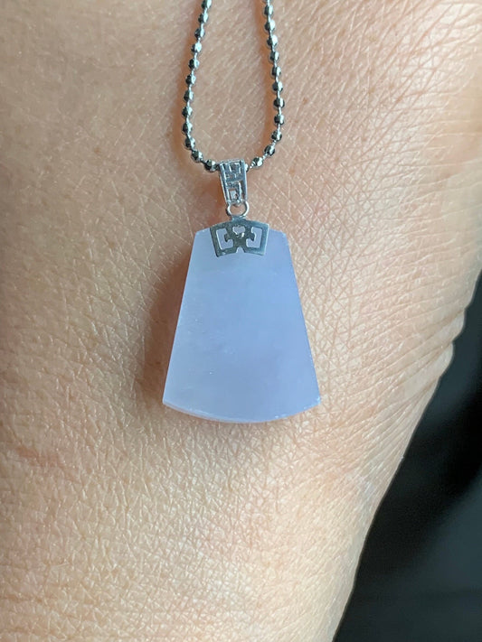 Certified Natural Burmese Icy Translucent Gelatinous Light Purple Jadeite Trapezoid Wu Shi Pai Pendant 18K White Gold 天然缅甸冰淡紫翡翠梯形无事牌吊坠