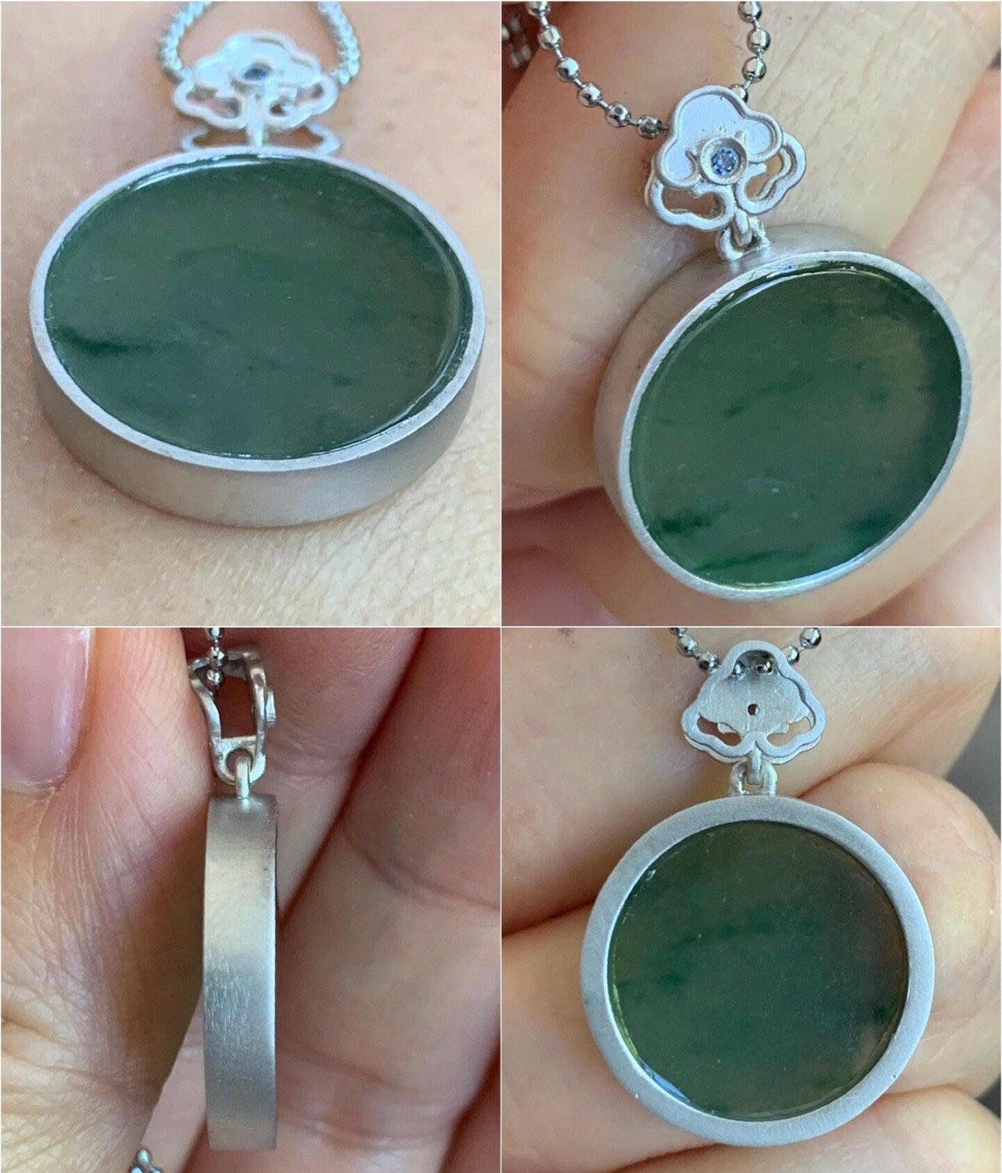 Certified Natural Burmese Icy Translucent Green Jadeite w/ Dark Green Marbling Wu Shi Pai Amulet Pendant Sterling Silver 天然缅甸莫西沙飘绿翡翠无事牌镶嵌吊