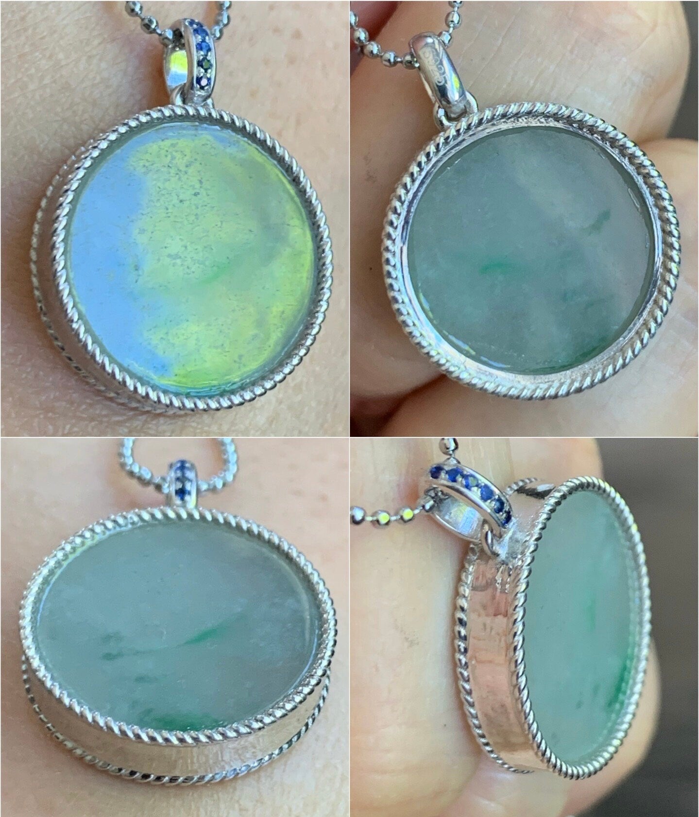 Certified Natural Burmese Icy Translucent Light Green Jadeite w/ Green Marbling Wu Shi Pai Pendant Sterling Silver 天然缅甸莫西沙晴飘绿翡翠无事牌镶嵌吊坠