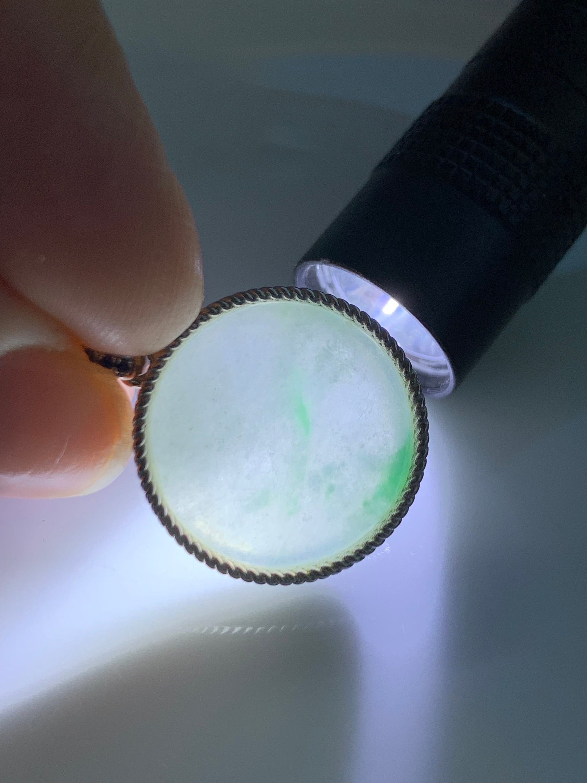 Certified Natural Burmese Icy Translucent Light Green Jadeite w/ Green Marbling Wu Shi Pai Pendant Sterling Silver 天然缅甸莫西沙晴飘绿翡翠无事牌镶嵌吊坠