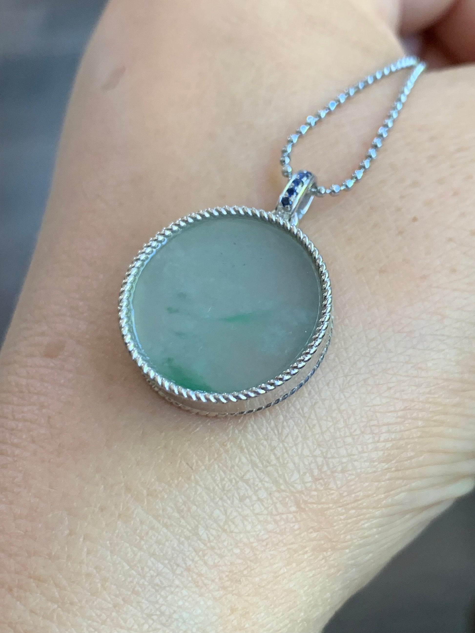 Certified Natural Burmese Icy Translucent Light Green Jadeite w/ Green Marbling Wu Shi Pai Pendant Sterling Silver 天然缅甸莫西沙晴飘绿翡翠无事牌镶嵌吊坠
