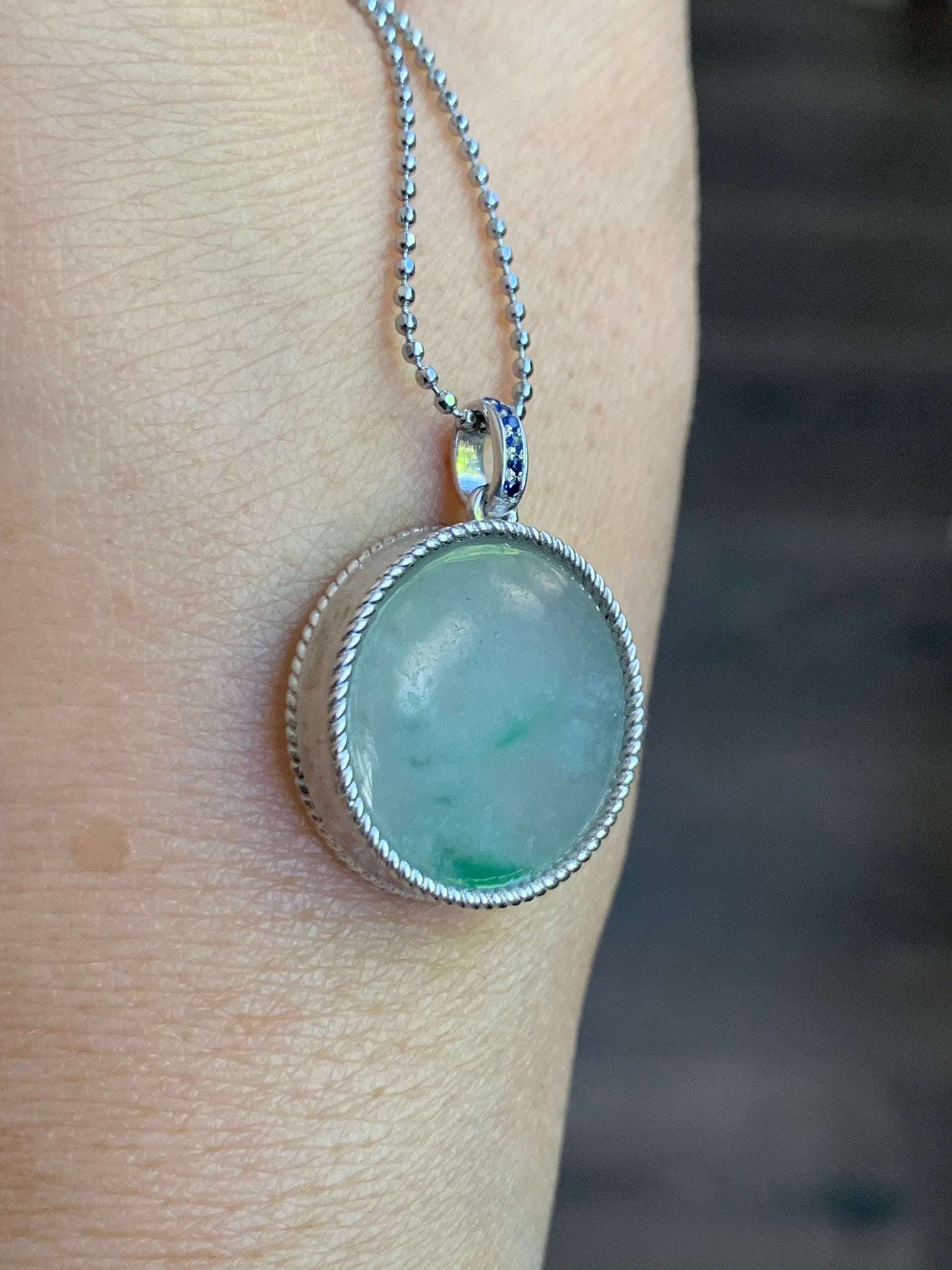 Certified Natural Burmese Icy Translucent Light Green Jadeite w/ Green Marbling Wu Shi Pai Pendant Sterling Silver 天然缅甸莫西沙晴飘绿翡翠无事牌镶嵌吊坠