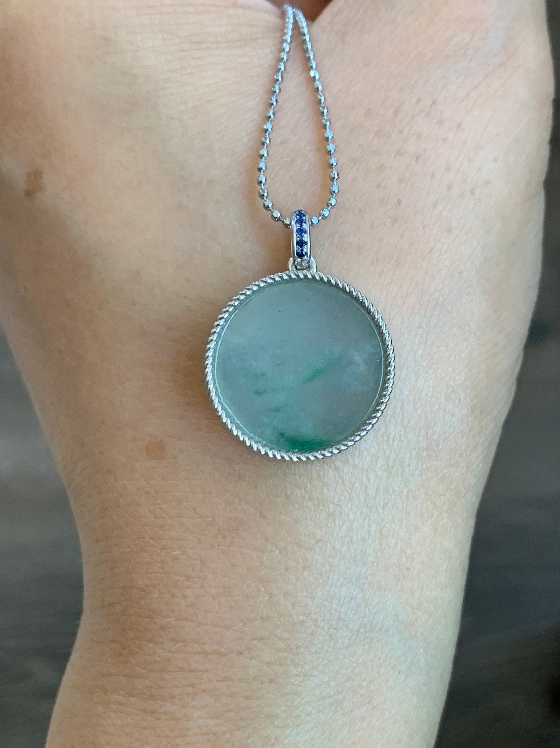 Certified Natural Burmese Icy Translucent Light Green Jadeite w/ Green Marbling Wu Shi Pai Pendant Sterling Silver 天然缅甸莫西沙晴飘绿翡翠无事牌镶嵌吊坠