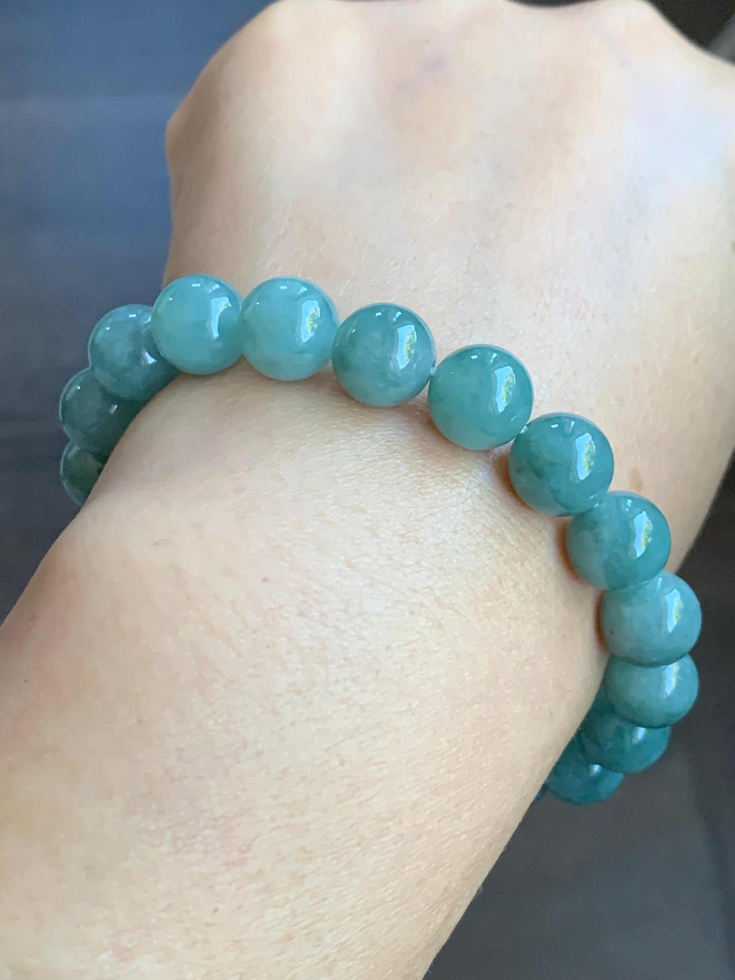 LARGE Natural Burmese Icy Translucent Blue Jadeite Beaded Bracelet Stretchy 9.8mm 7” 32g 天然缅甸糯冰蓝翡翠大卡圆珠手串 MLZ713