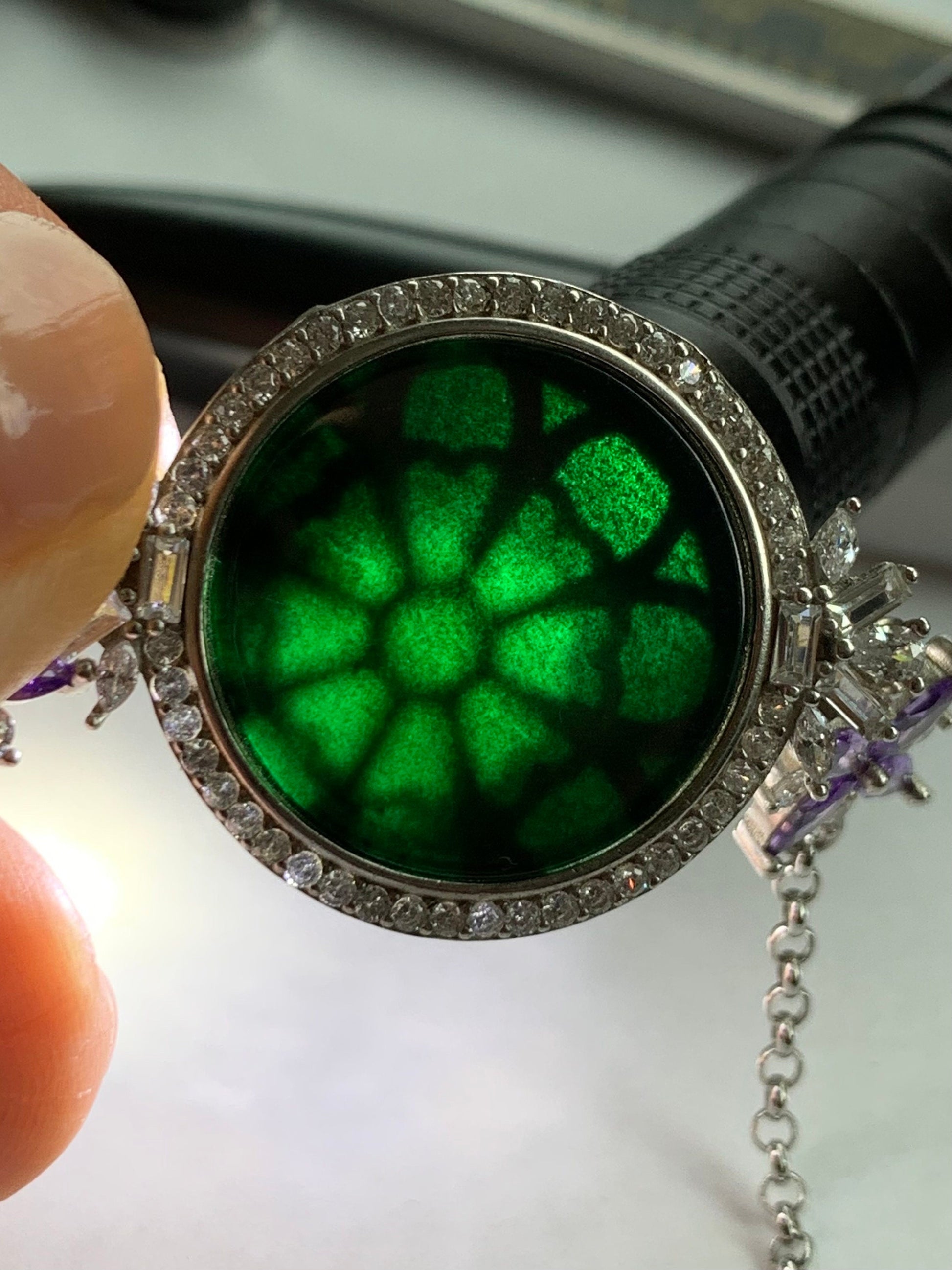 Natural Burmese Translucent Black Jadeite Round Disc Rolo Chain Bracelet S925 Sterling Silver 7-8.5” Adjustable 天然缅甸透绿墨翠圆牌银镶手链
