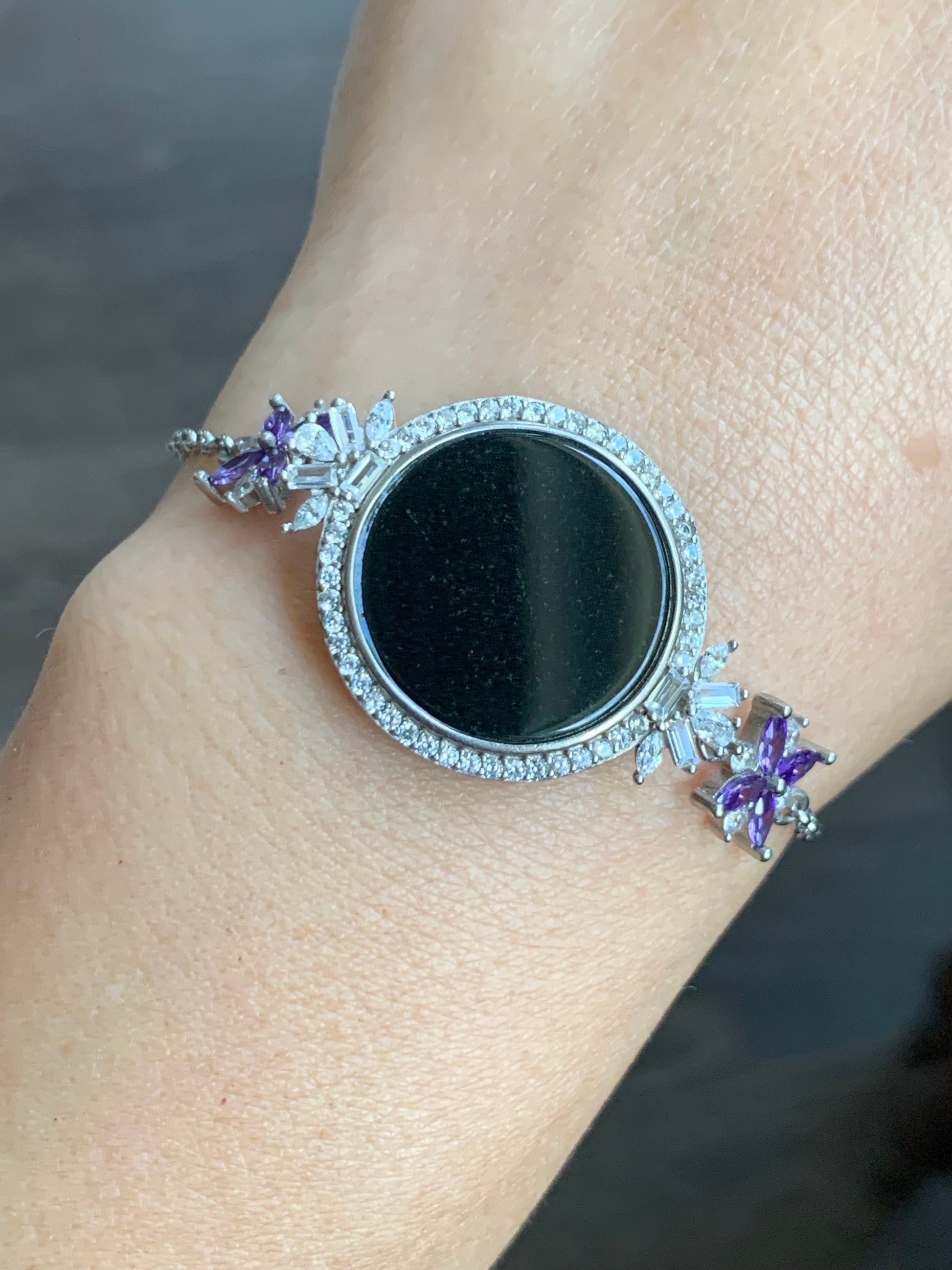 Natural Burmese Translucent Black Jadeite Round Disc Rolo Chain Bracelet S925 Sterling Silver 7-8.5” Adjustable 天然缅甸透绿墨翠圆牌银镶手链