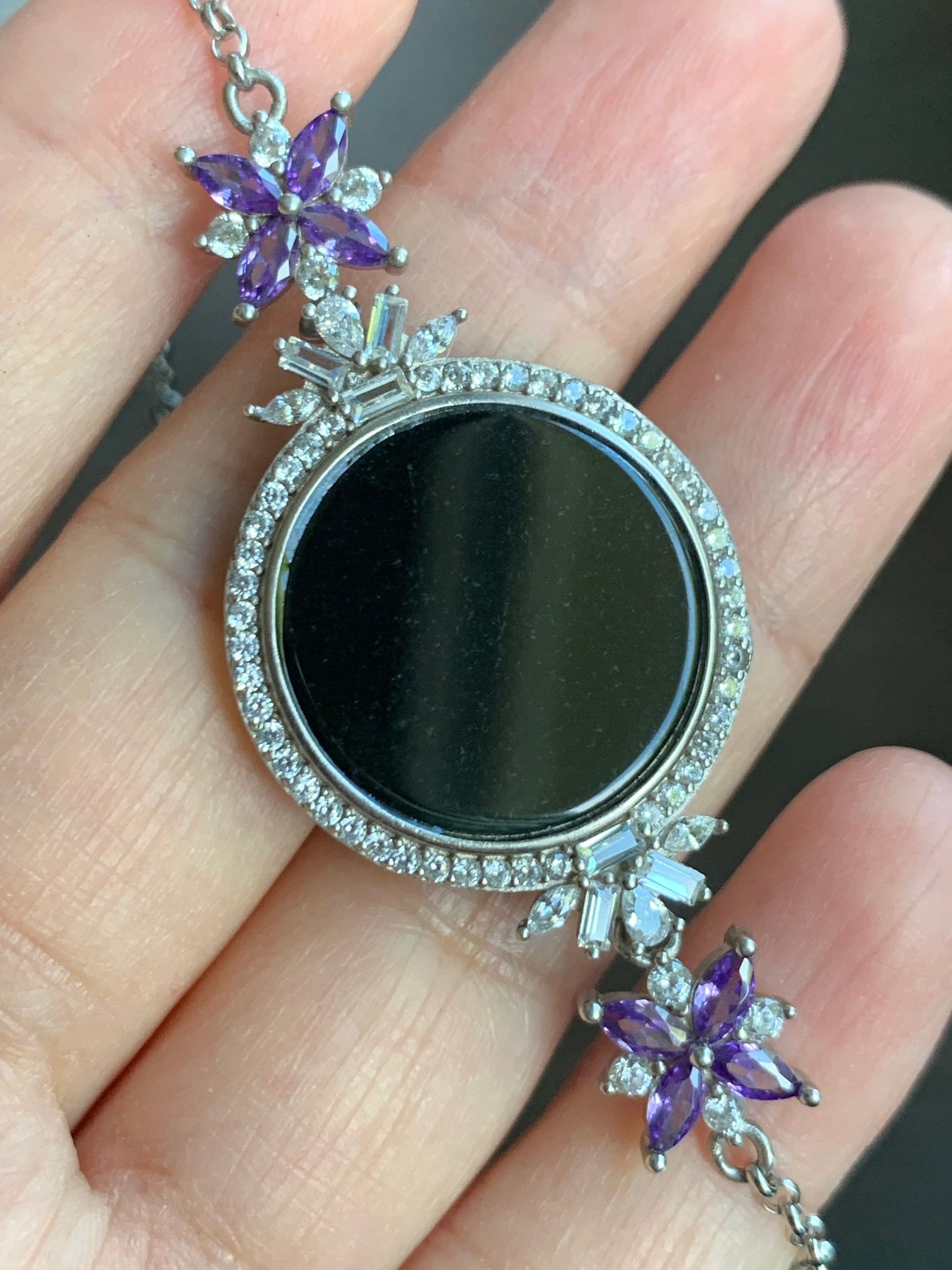Natural Burmese Translucent Black Jadeite Round Disc Rolo Chain Bracelet S925 Sterling Silver 7-8.5” Adjustable 天然缅甸透绿墨翠圆牌银镶手链