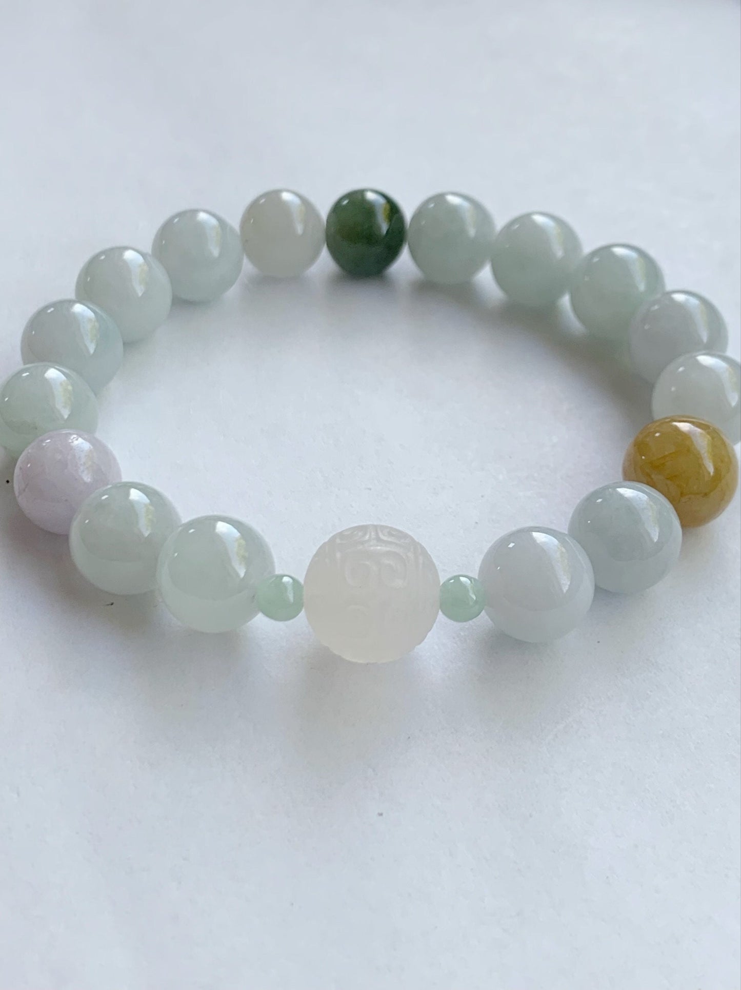 Natural Burmese Grade A Icy Translucent Multicolored Jadeite Beads Icy White Agate Bead Beaded Bracelet Stretchy 7” 32g 天然缅甸多宝翡翠玛瑙珠手串