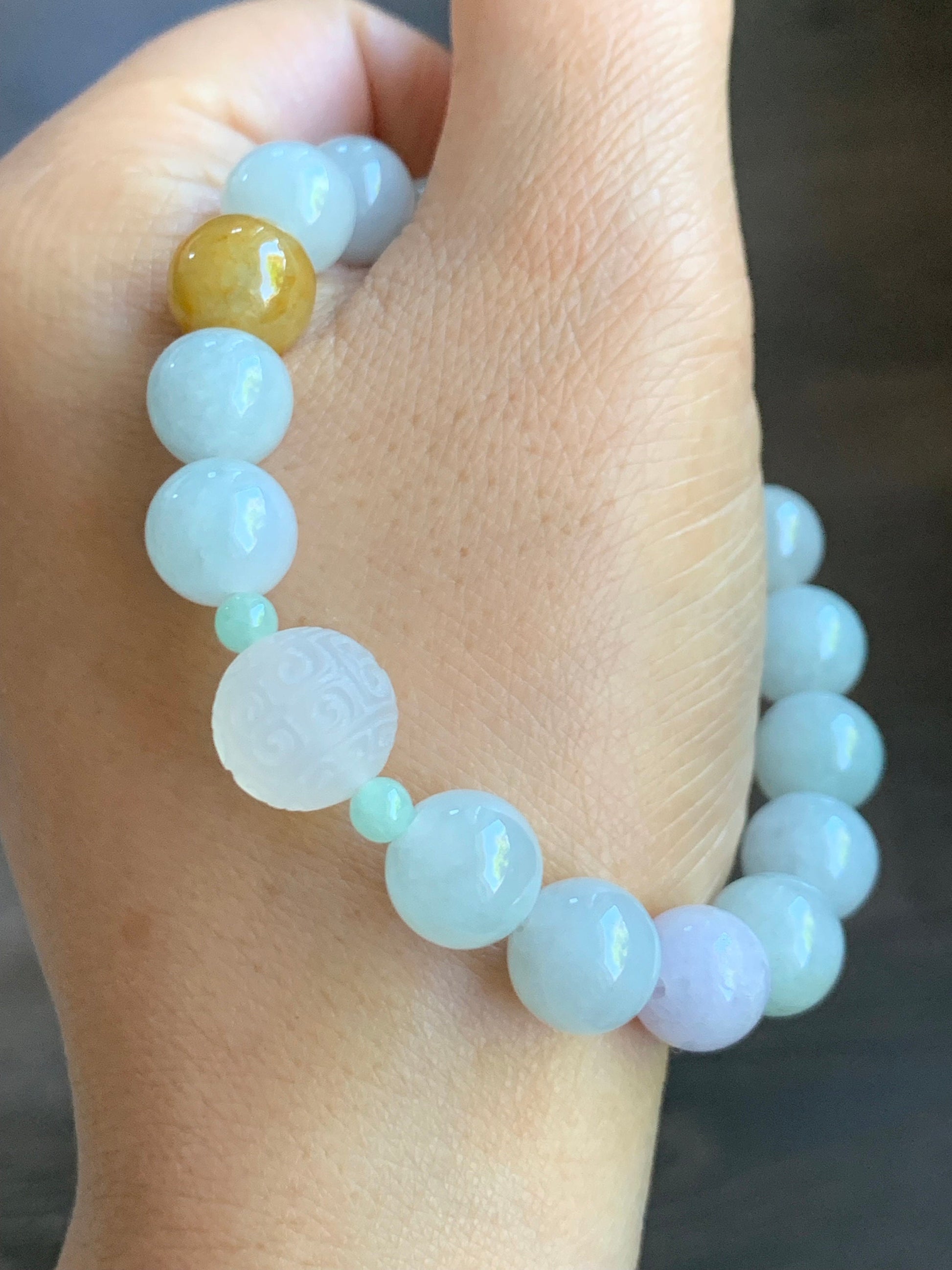 Natural Burmese Grade A Icy Translucent Multicolored Jadeite Beads Icy White Agate Bead Beaded Bracelet Stretchy 7” 32g 天然缅甸多宝翡翠玛瑙珠手串