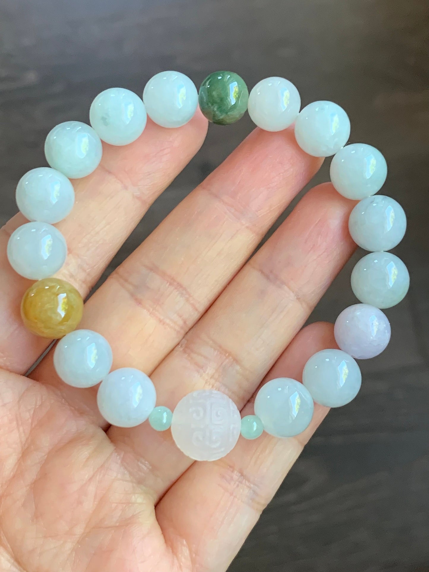 Natural Burmese Grade A Icy Translucent Multicolored Jadeite Beads Icy White Agate Bead Beaded Bracelet Stretchy 7” 32g 天然缅甸多宝翡翠玛瑙珠手串