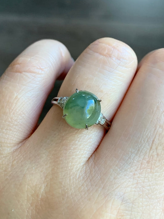 Natural Burmese Icy Translucent Yellowish Green Oval Jadeite Ring Solitaire S925 Sterling Silver Size Adjustable 天然缅甸冰茶黄飘花翡翠蛋面银镶戒指 MGL49